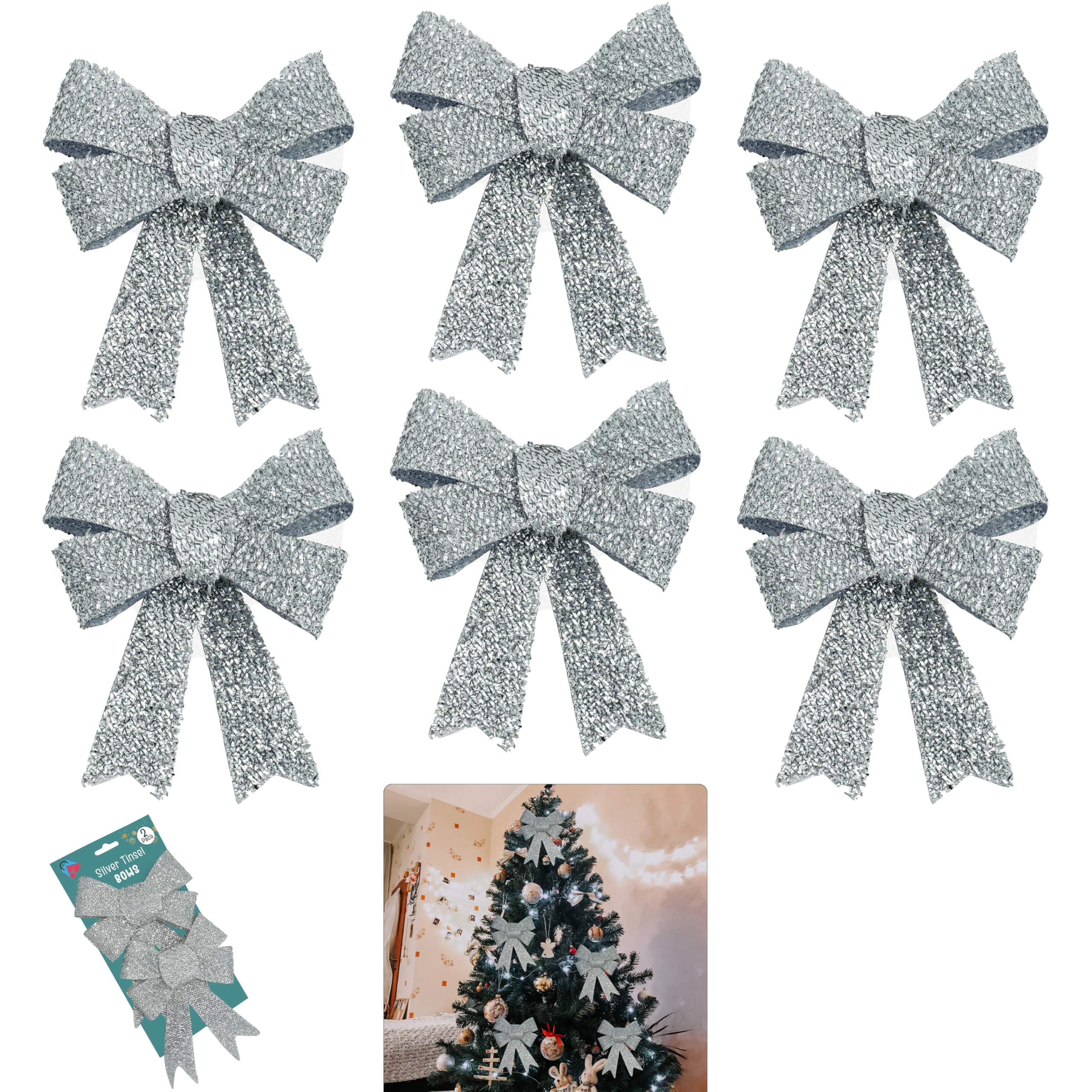 6PCs Silver Bows 16cm, Christmas Glittered Decorative Bows for Xmas Tree, Gifts and Home Décor, Tie-On Black Card, Festive Holiday Decoration