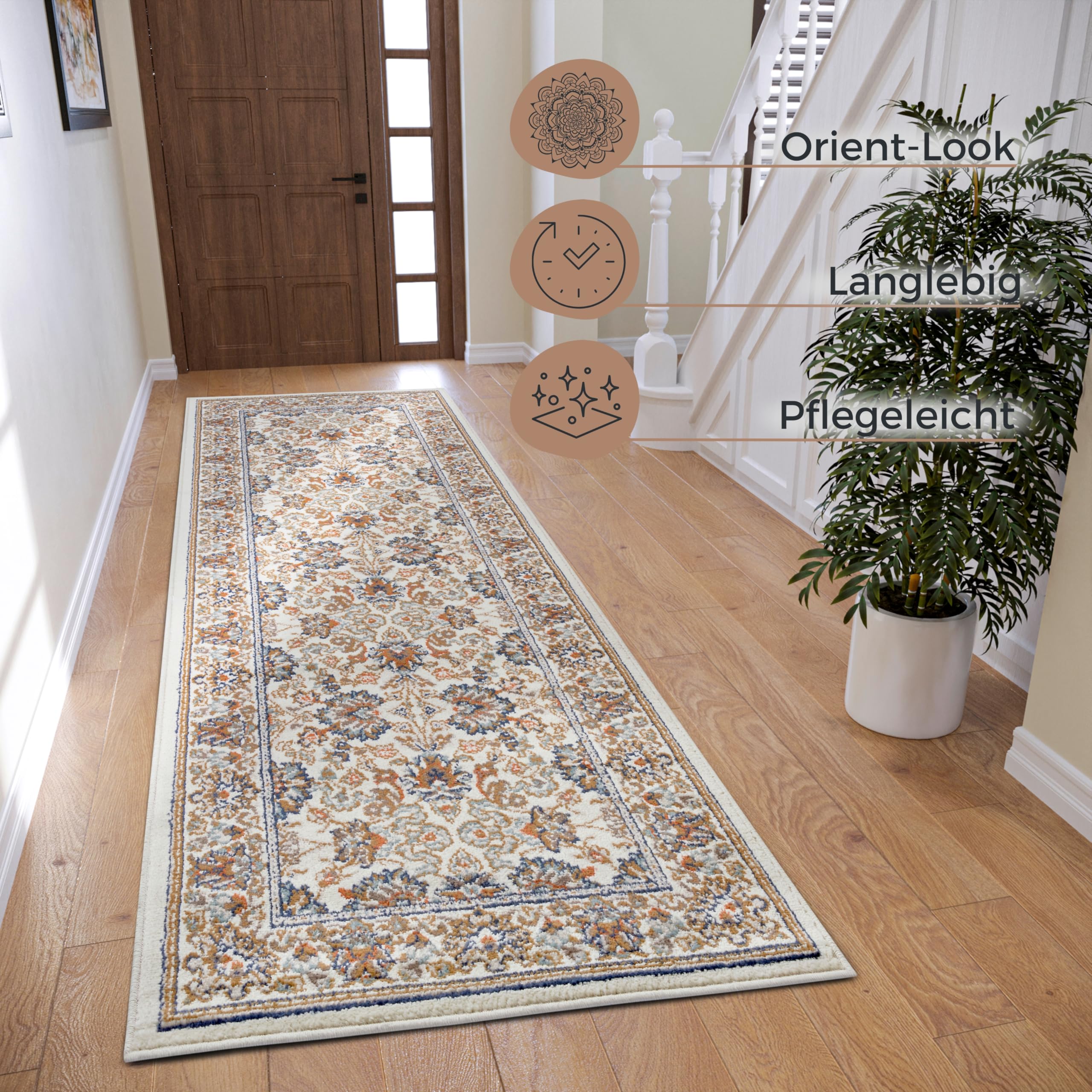 HANSE Home Saraceni Tapis Oriental Classique tissé serré avec Ornements et Motifs Floraux à Poils Courts Doux pour Chambre à Coucher, Salle à Manger, Salon, Couloir - Crème - 80 x 240 cm