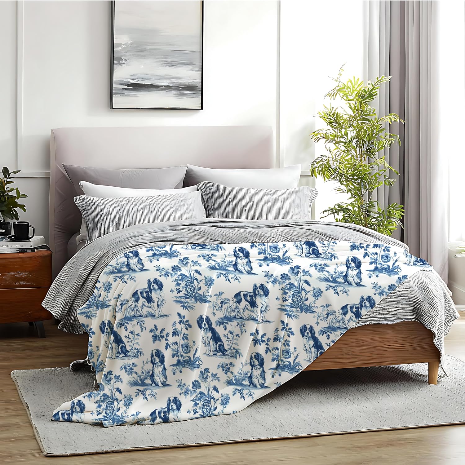 Chinoiserie Cavalier King Charles Spaniel Blanket, Cavalier King Charles Spaniel Gifts, Blue and White French Country Toile Dog Throw Blanket for Home Bedroom Couch Bed Decor, 50x60 Inches - Image 6