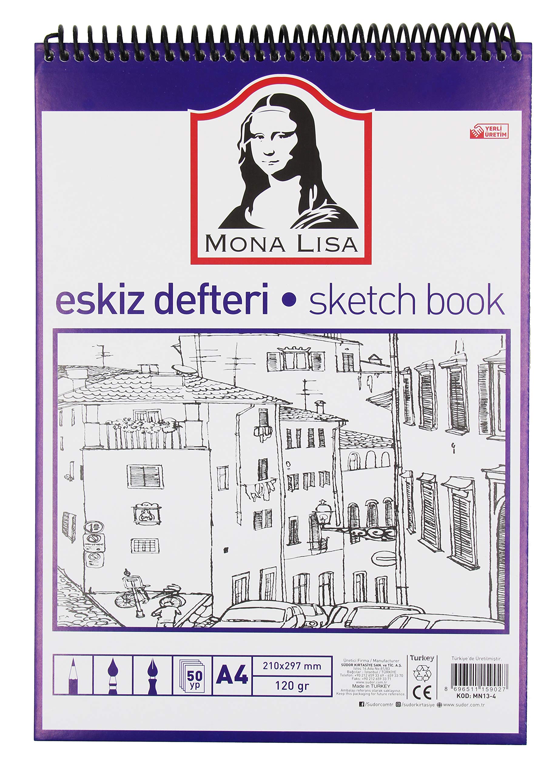 Monalisa Blok rysunkowy DIN-A4 50 arkuszy, szkicownik ze spiralą 120 g/m², biały papier do rysunków, (21,0 x 29,7 cm) z 100 stronami papieru rysunkowego