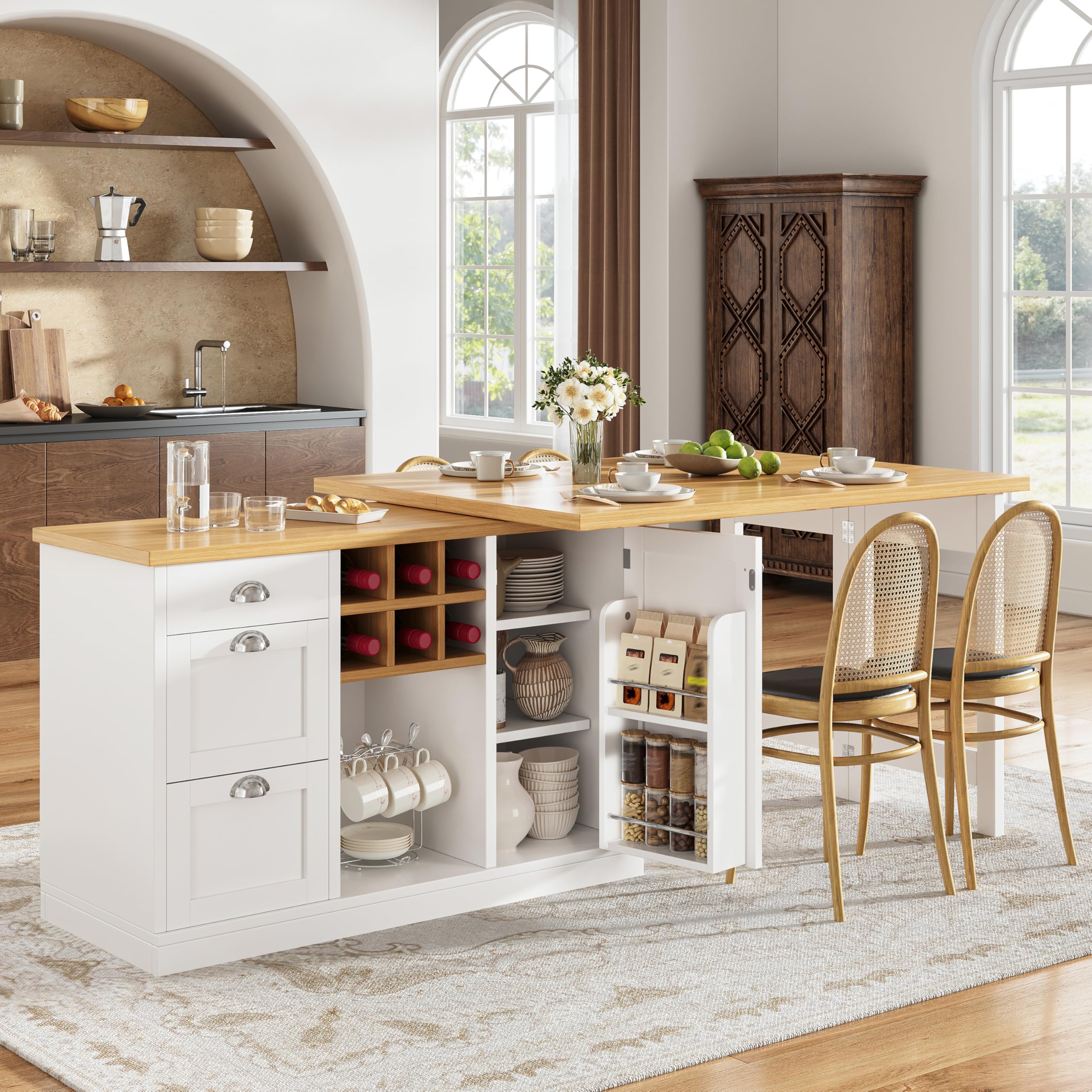 Xfholl Kitchen Cabinet with 3 Drawers & Snack Rack & Wine Rack, Extendable Sideboard with Storage, White