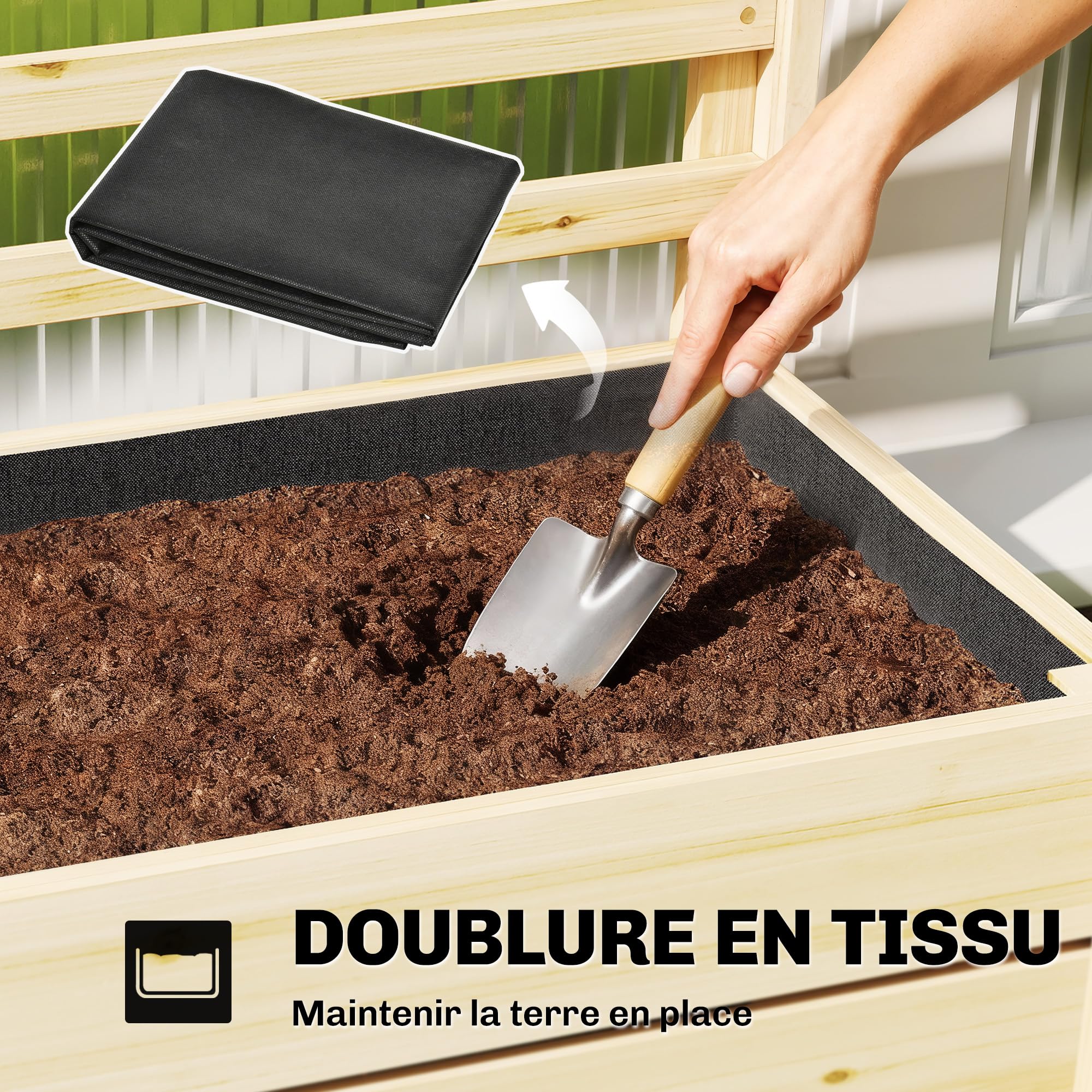 Outsunny Jardinière avec Treillis Drainage 60 x 39 x 120 cm Bois Naturel | Bac à Fleurs, Lit Surélevé avec Brise-Vue, Doublure Intérieure, pour Plantes Grimpantes, Légumes, Fleurs
