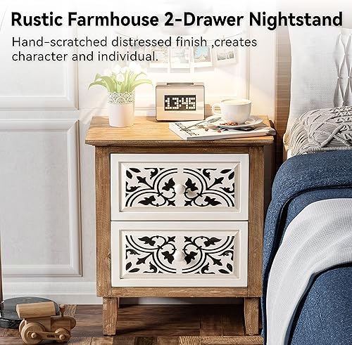 Miniatura 4 de COZAYH Mesita de noche rústica de 2 cajones con impresión frontal, mesita de noche con acento envejecido para bohemio, retro rústico, estilo rústico