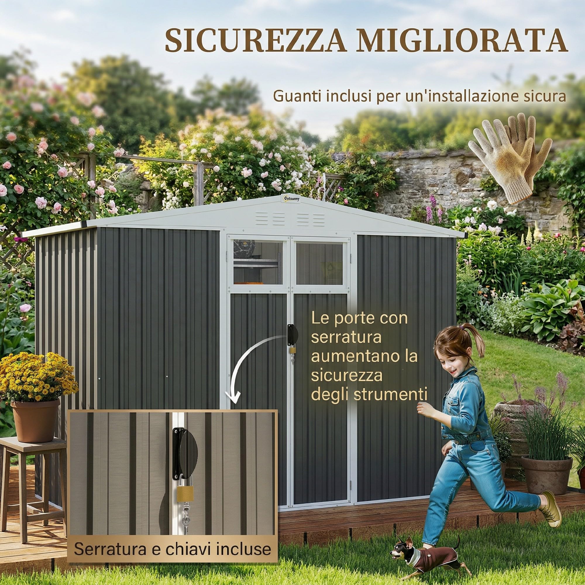 Outsunny Casetta da Giardino 2.7m² in Acciaio Zincato con 4 Prese d'Aria e 2 Finestre Trasparenti, Capanno Porta Attrezzi con Tetto Inclinato, Doppio Porte Bloccabili con Chiavi e Guanti Grigio Scuro