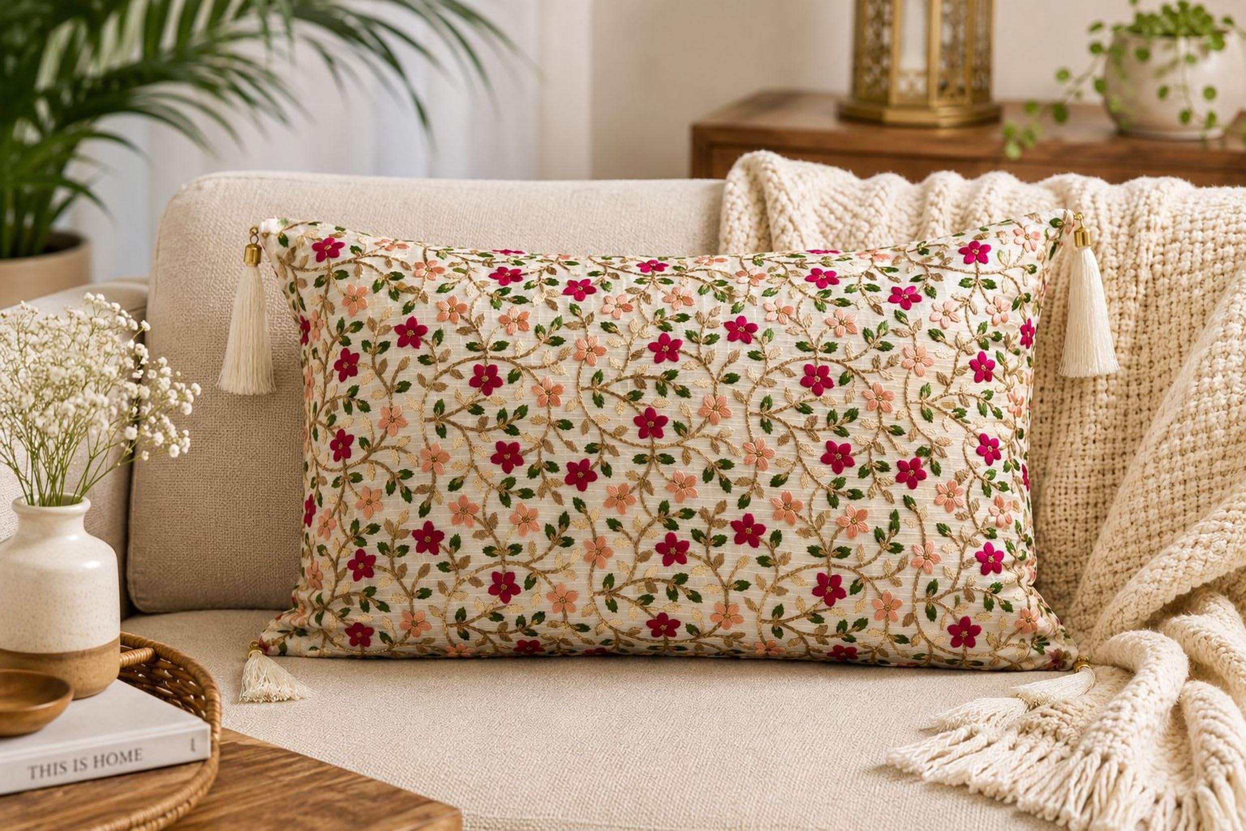 Elegant Zari Embroidery Cushion Cover 12x18 Inch | Ethnic Decorative Throw Pillow Cover with Intricate Golden Work | Festive Living Room & Sofa Decor (Pack of 1 Pcs), Design-Peach Phool-image-7