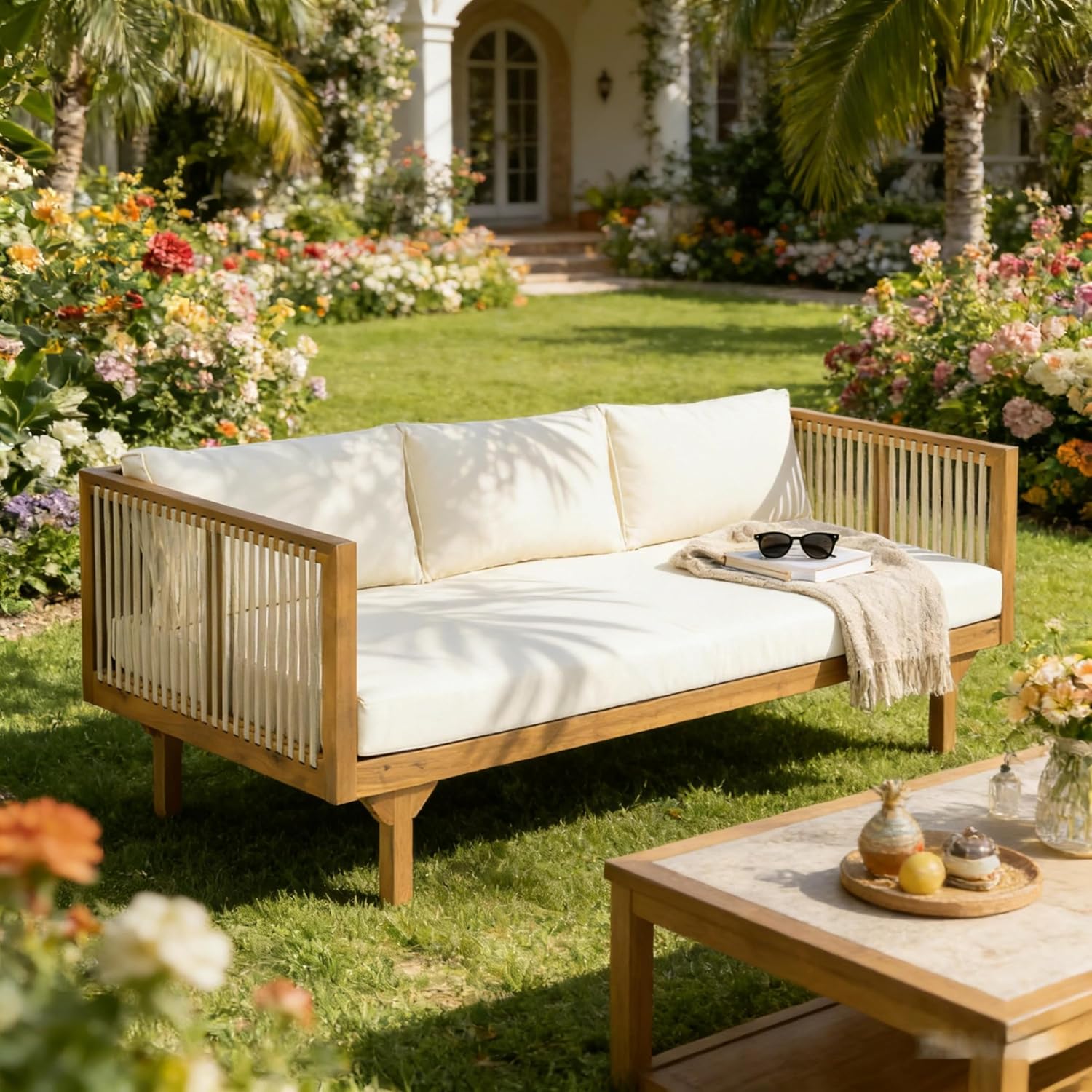 Christopher Knight Home Clarie Acacia Wood Outdoor Daybed Sofa with Water-Resistant Cushion, Solid Wood Patio 3 Seater Sofa Couch, Patio Garden Lounge Sofa with Rope Accent, Teak+Beige