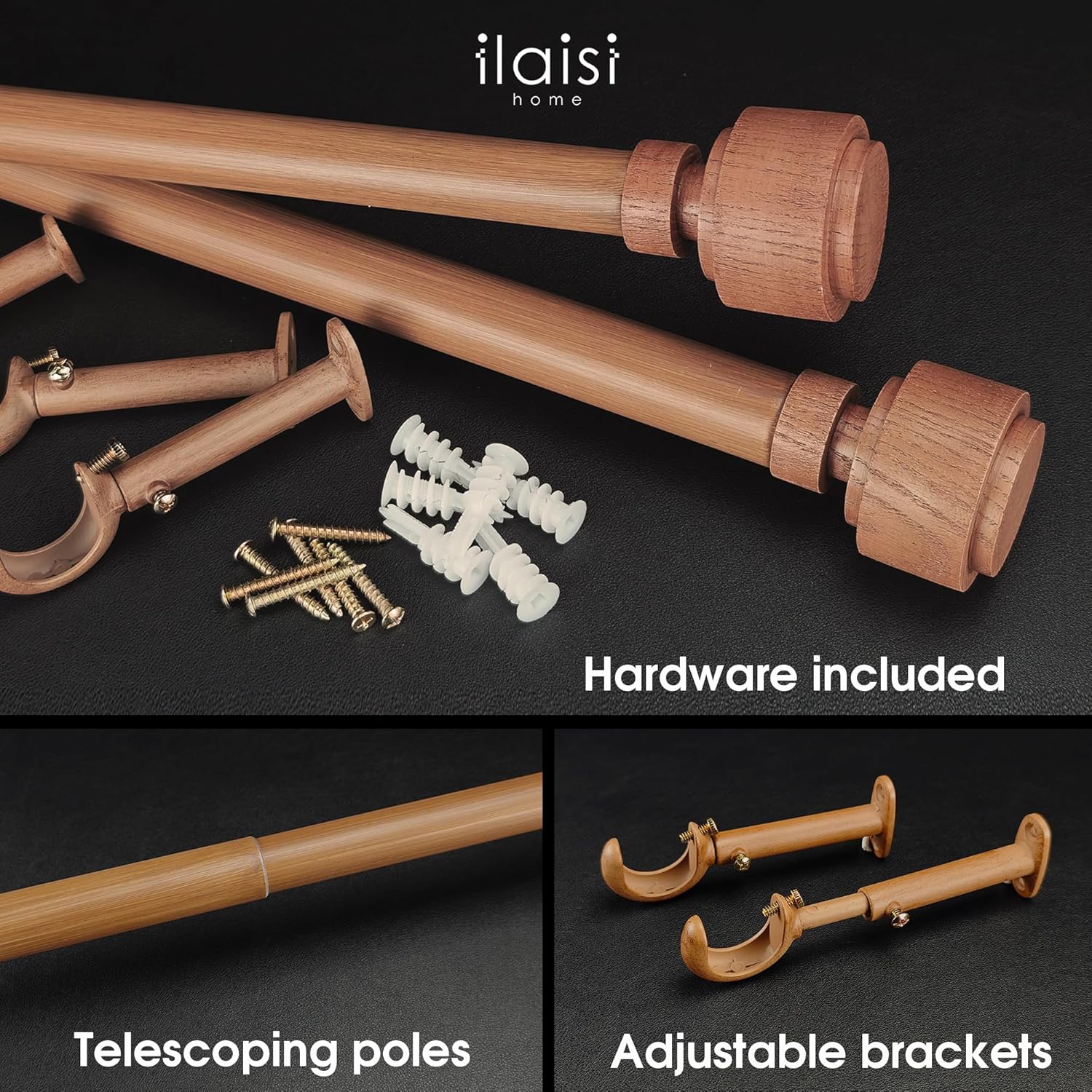 1-1/8 Inch Diameter Faux Wood Curtain Rod with Wood Grain Finials, 36-72 inch Telescoping Single Curtain Rods for window width 24-68 inch, 1 pack