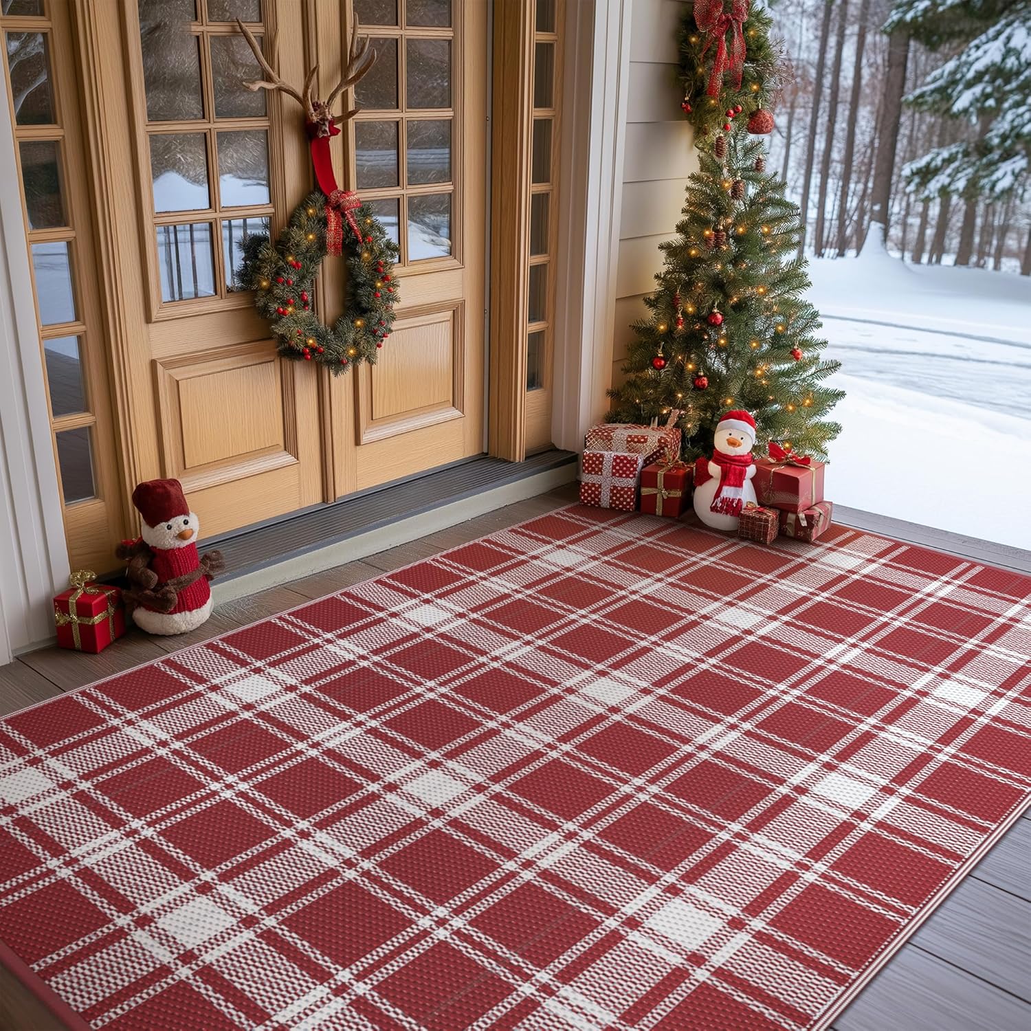 GENIMO Waterproof Outdoor Rug for Patio Clearance, 9'x12' Reversible Plastic Straw Rugs, Lightweight RV Camping Mat for Camper, Balcony, Deck, Backyard, Picnic, Red & White