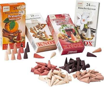 German Incense Cones Bundle Christmas Markets- 4 mostloved Smells from Knox Raucherkerzen/Apotheker Hermann Zwetz. MaMeMi Gift-Set with DIY Mini Nativity Scene