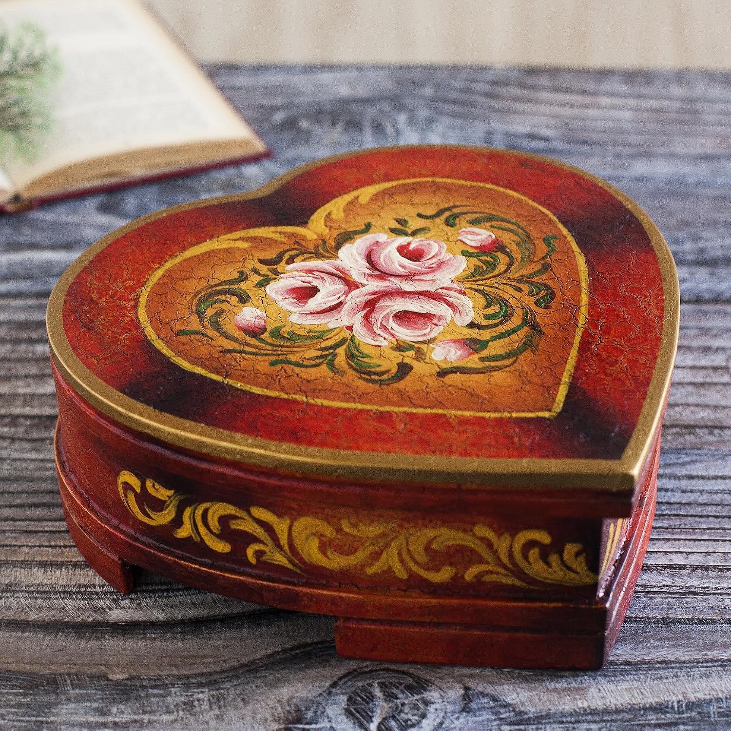 NOVICA Heart Shaped Red And Gold Wood Jewelry Box With Painted Roses, 'Timeless Love'