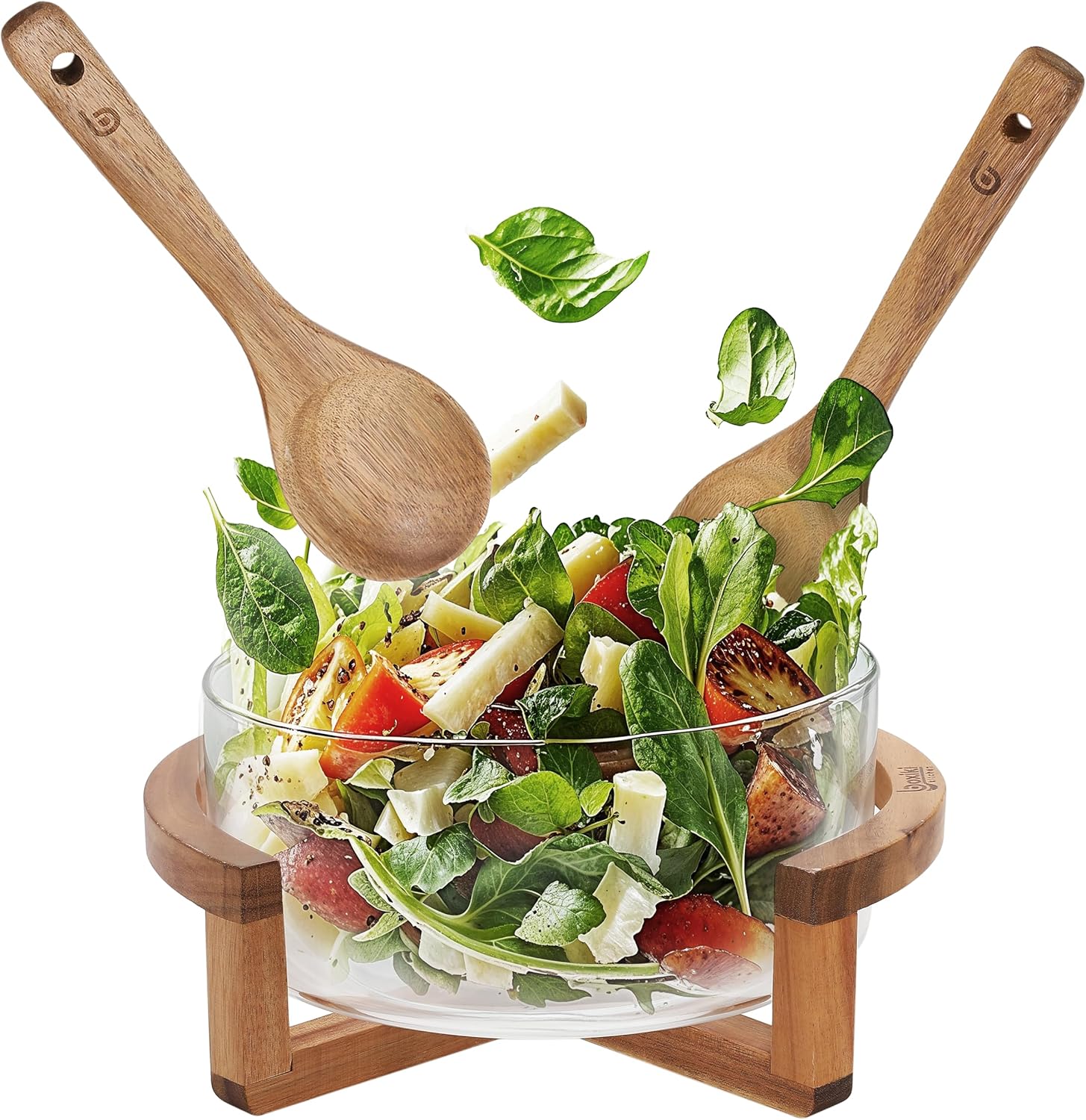 Large Glass Salad Bowl Set with Acacia Wood Serving Spoon & Fork – 11 Inch Salad Mixing & Serving Bowl for Pasta, Fruits, Veggies, Kitchen Tableware & Dinner Table Centerpiece