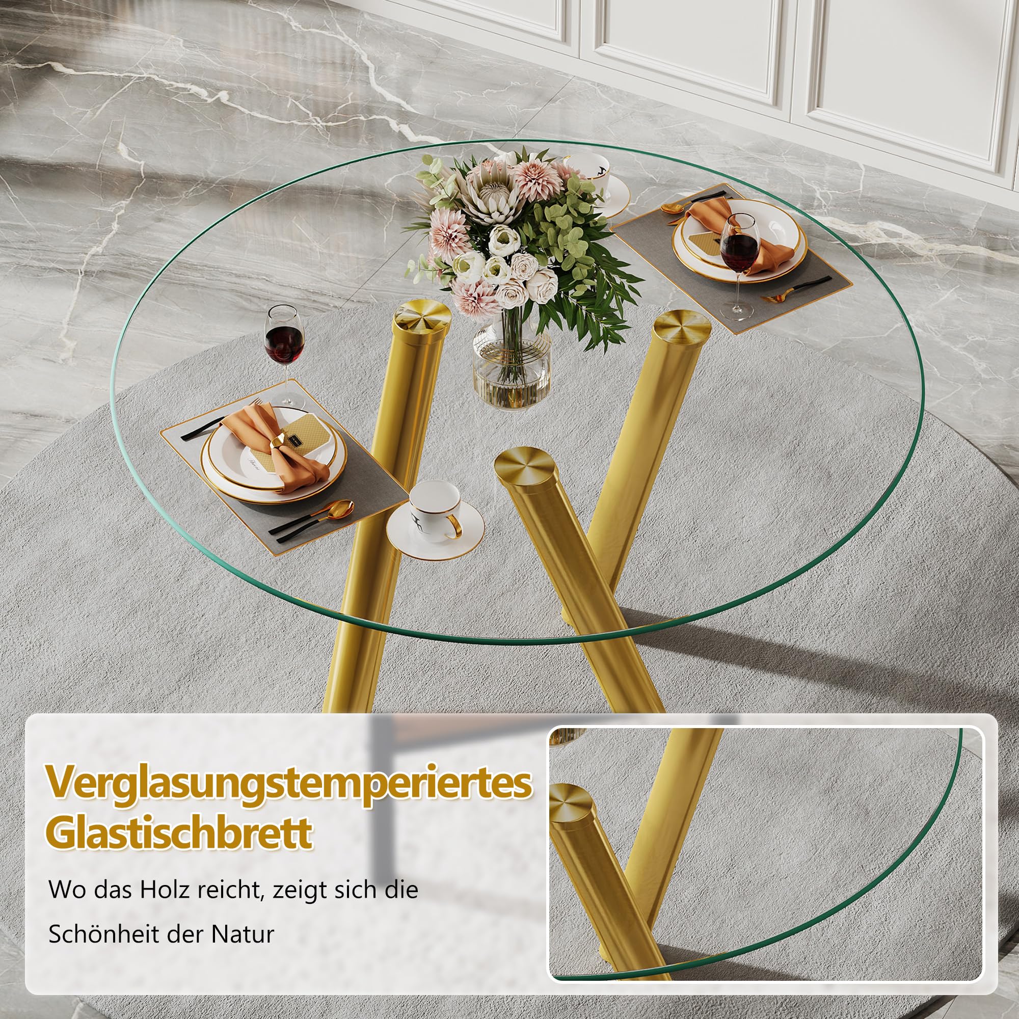 Table à Manger Ronde en Verre Trempé, Pieds en Métal Doré, Or, 89 cm