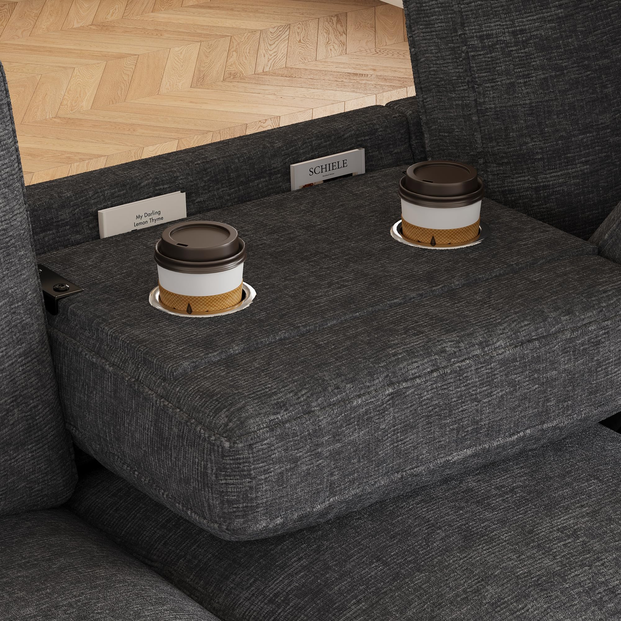 Moimhear Moderno sofá de chenilla L, 3 plazas + chaise longue con almacenamiento, respaldo plegable con soporte para bebidas, 280 x 136 x 82 cm (gris)