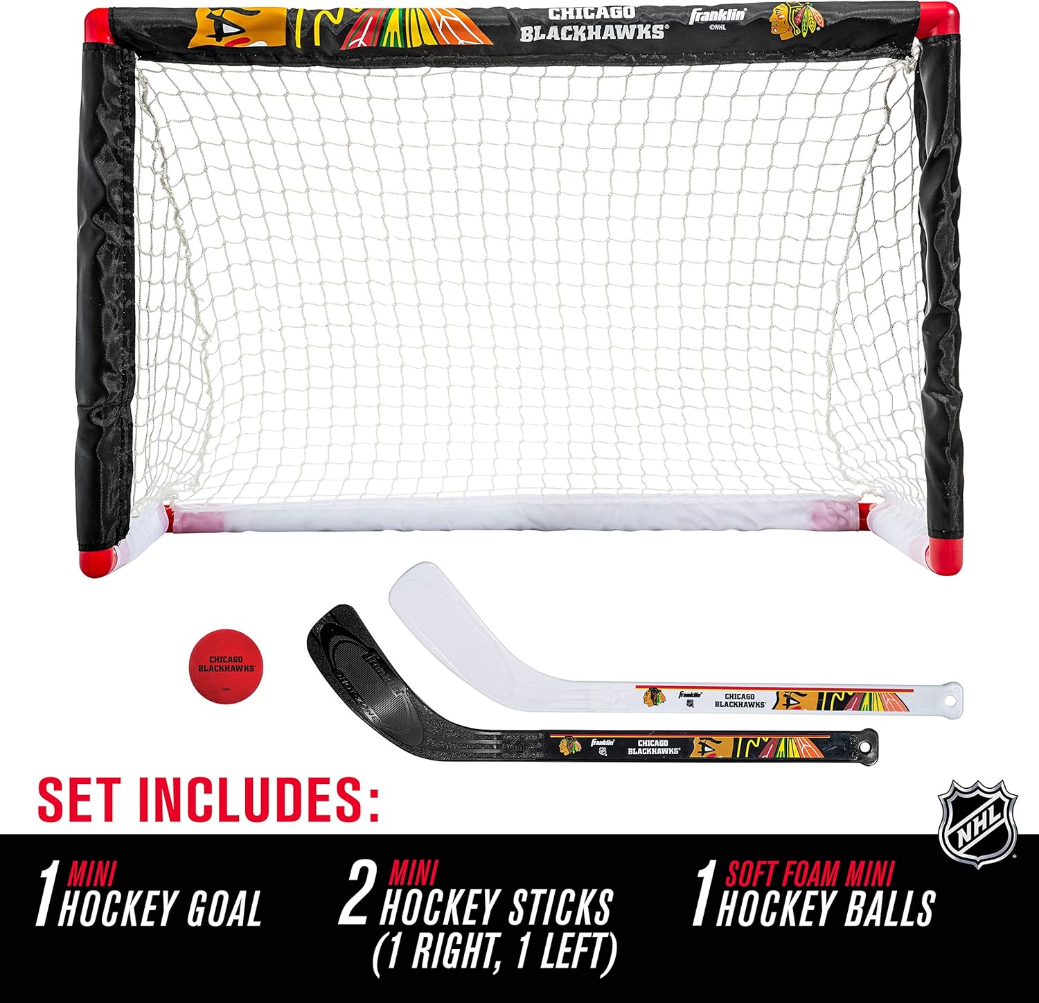Franklin Sports Chicago Blackhawks Mini Hockey Set - Knee Hockey Goal, Ball, & 2 Hockey Stick Combo Set - Mini Goal Net - NHL Official Hockey Set : Sports & Outdoors
