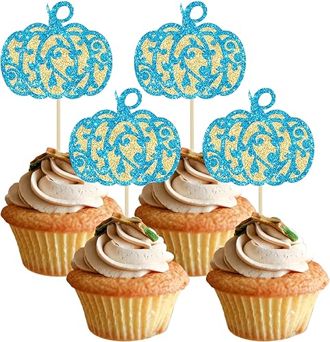 Miniatura 1 de Gyufise Paquete de 24 adornos azules con purpurina para cupcakes con hojas temáticas de otoño, decoración para baby shower, cumpleaños, Acción de
