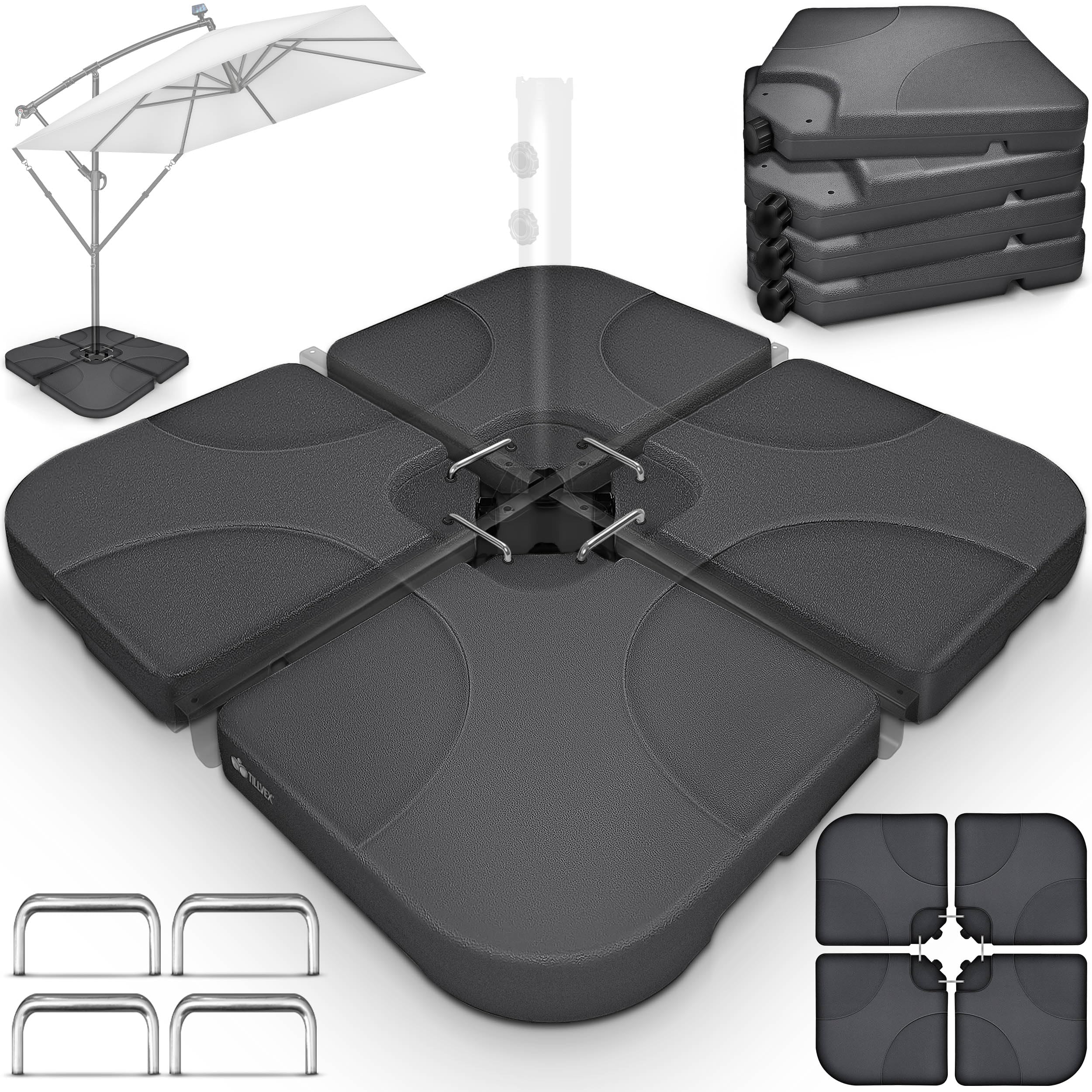 tillvex Soporte para sombrilla de 60 litros / 80 kg – 4 piezas para sombrilla de poste, incluye conectores metálicos | Peso de la sombrilla rellenable con agua o arena | Soporte para sombrilla de