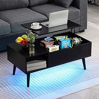 Finnhomy Lift Top Coffee Table with USB Type-C Charging Station, LED Lig...