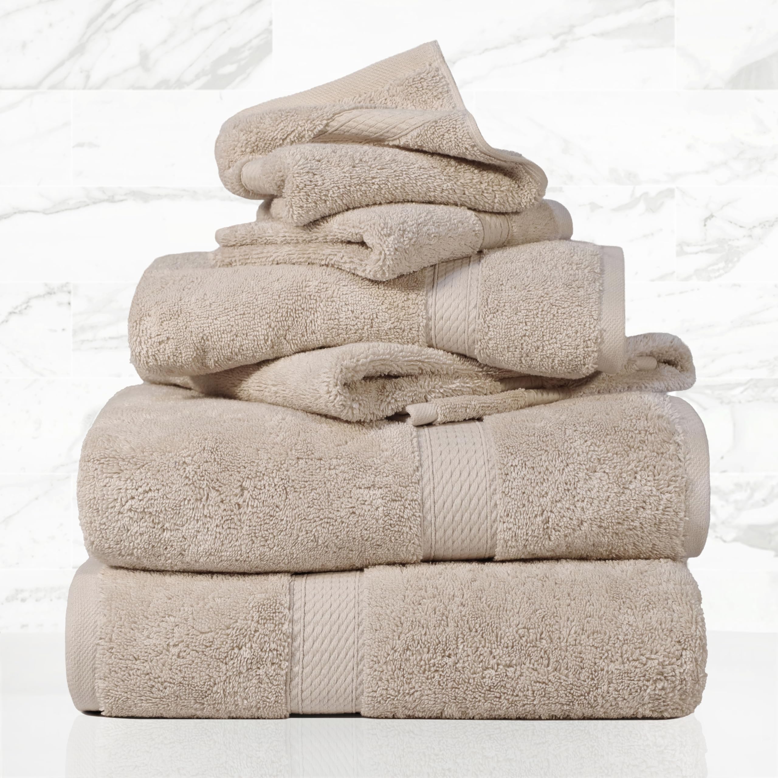 Superior Set di Asciugamani in Cotone Egiziano, 900 g, Pietra, 6 Pezzi