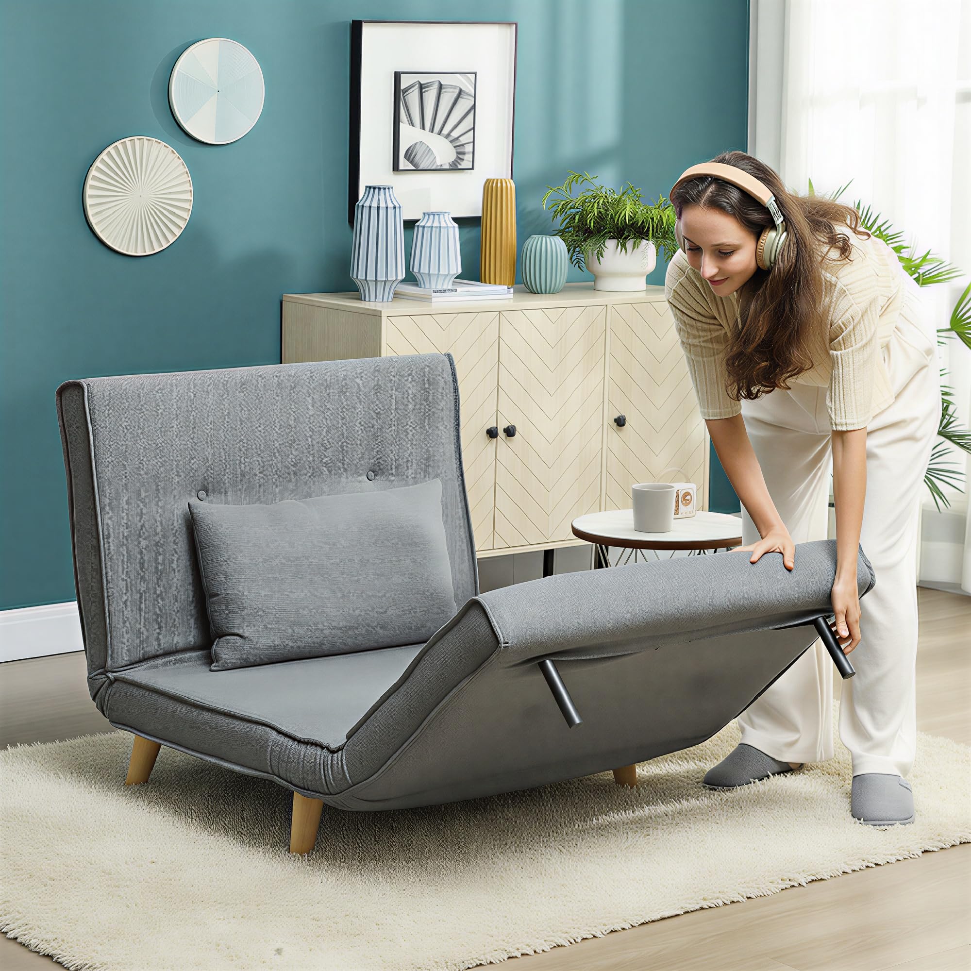 HOMCOM Sofá Cama de 1 Plaza 3 en 1, Sillón Cama Plegable Tapizado en Lino Sintético, con Respaldo Ajustable en 6 Niveles, Almohada, Asiento Ancho, Patas de Madera, 90x78x79 cm, Gris