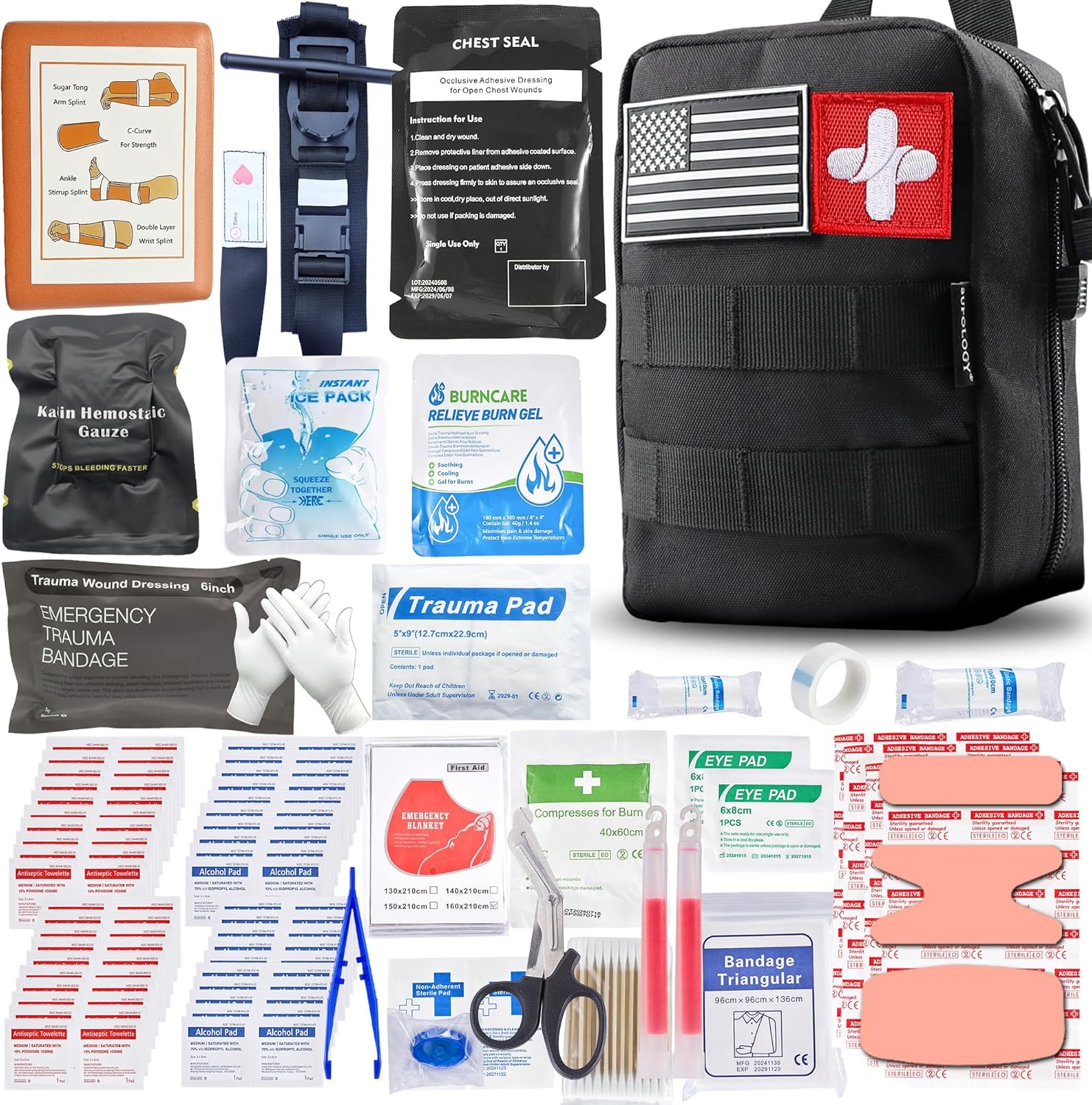 Premium IFAK Trauma Kits, First Aid Kits with Tourniquet, 36" Splint, Israeli-Bandage,Survival Emergency Prepare Equipment Bag for Home, Outdoor, Heavy-Duty Workspace, School, Car