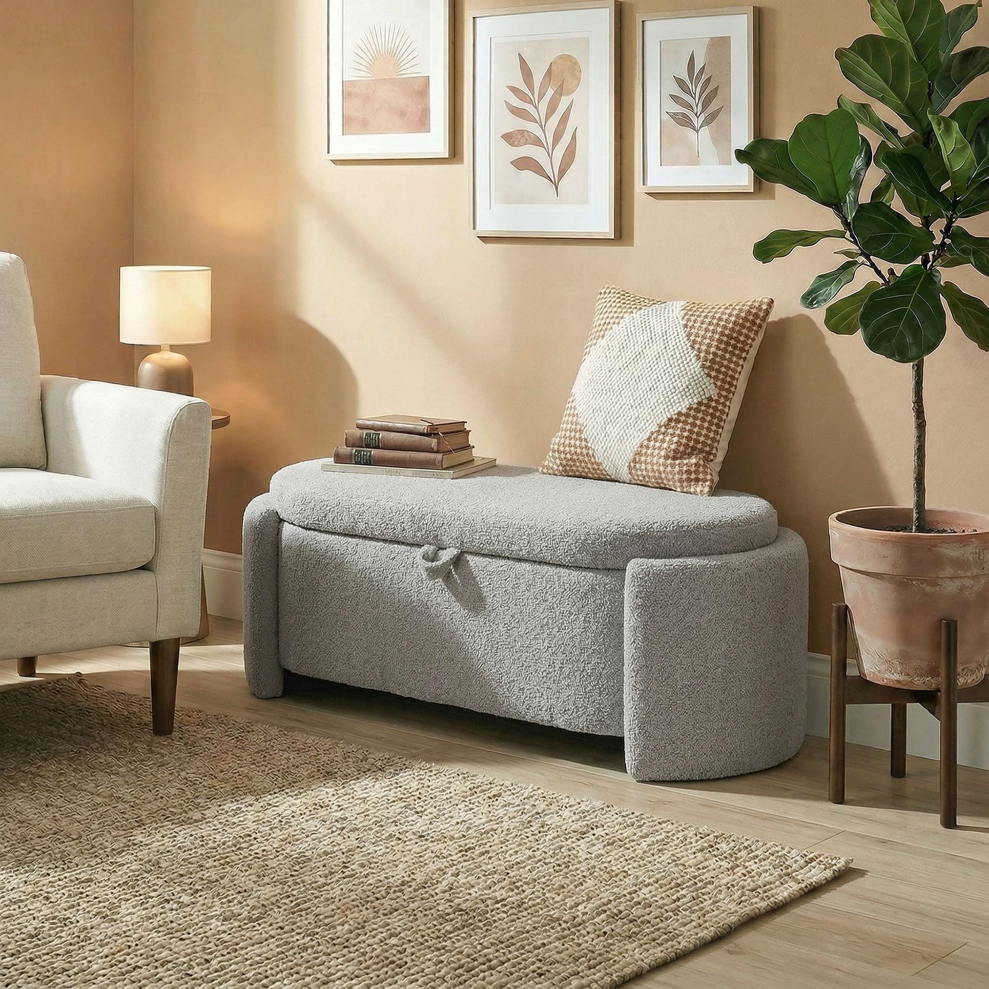 HOMCOM Puff Almacenaje Banco Almacenaje Ovalado 129x48,5x44 cm Gris Claro | Tapizado en Terciopelo de Teddy, Baúl de Almacenamiento, Carga 200 kg, Taburete para Sala de Estar, Dormitorio, Entrada