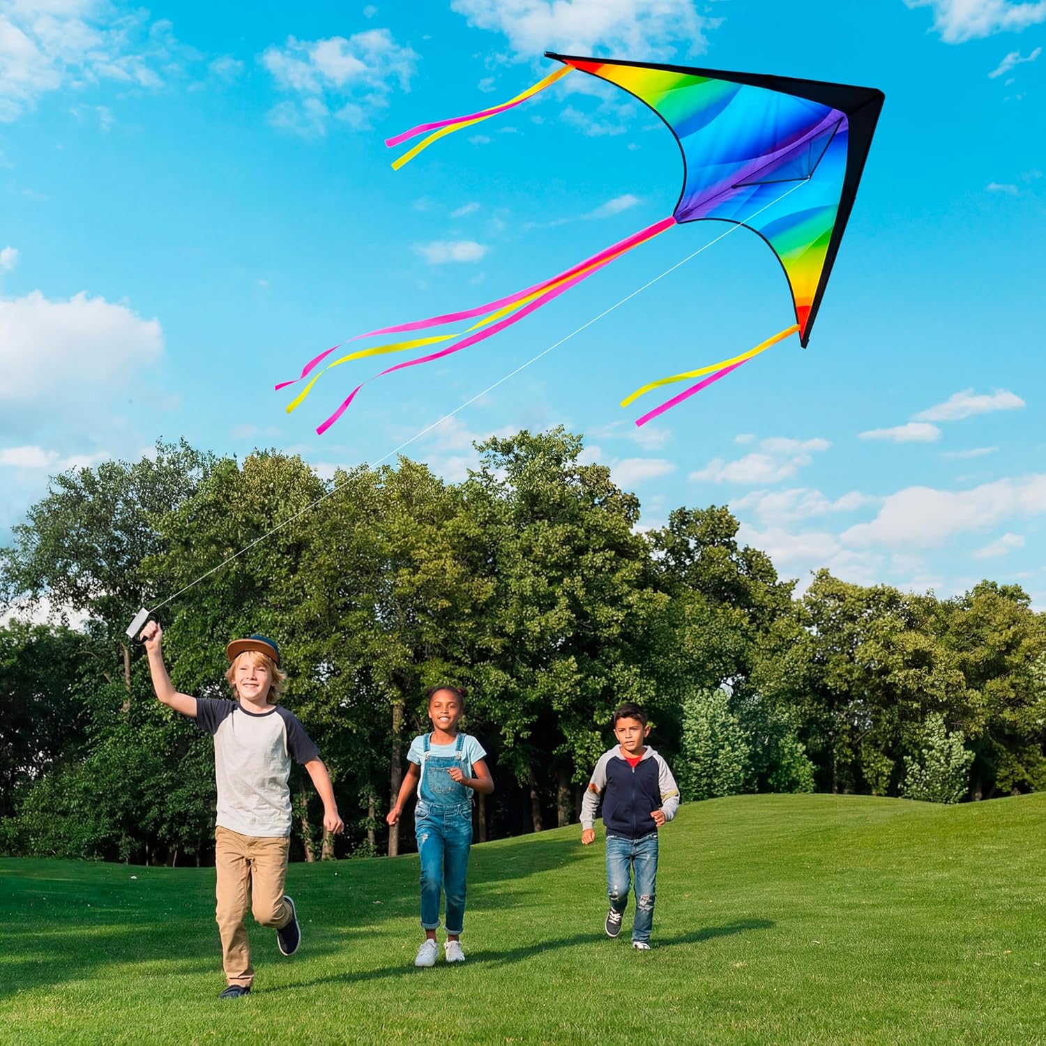 JOYIN Large Delta Kite Gradient Rainbow, Easy to Fly Huge for Kids and Adults with 328ft String, Large Delta Beach Kite for Outdoor Games and Activities