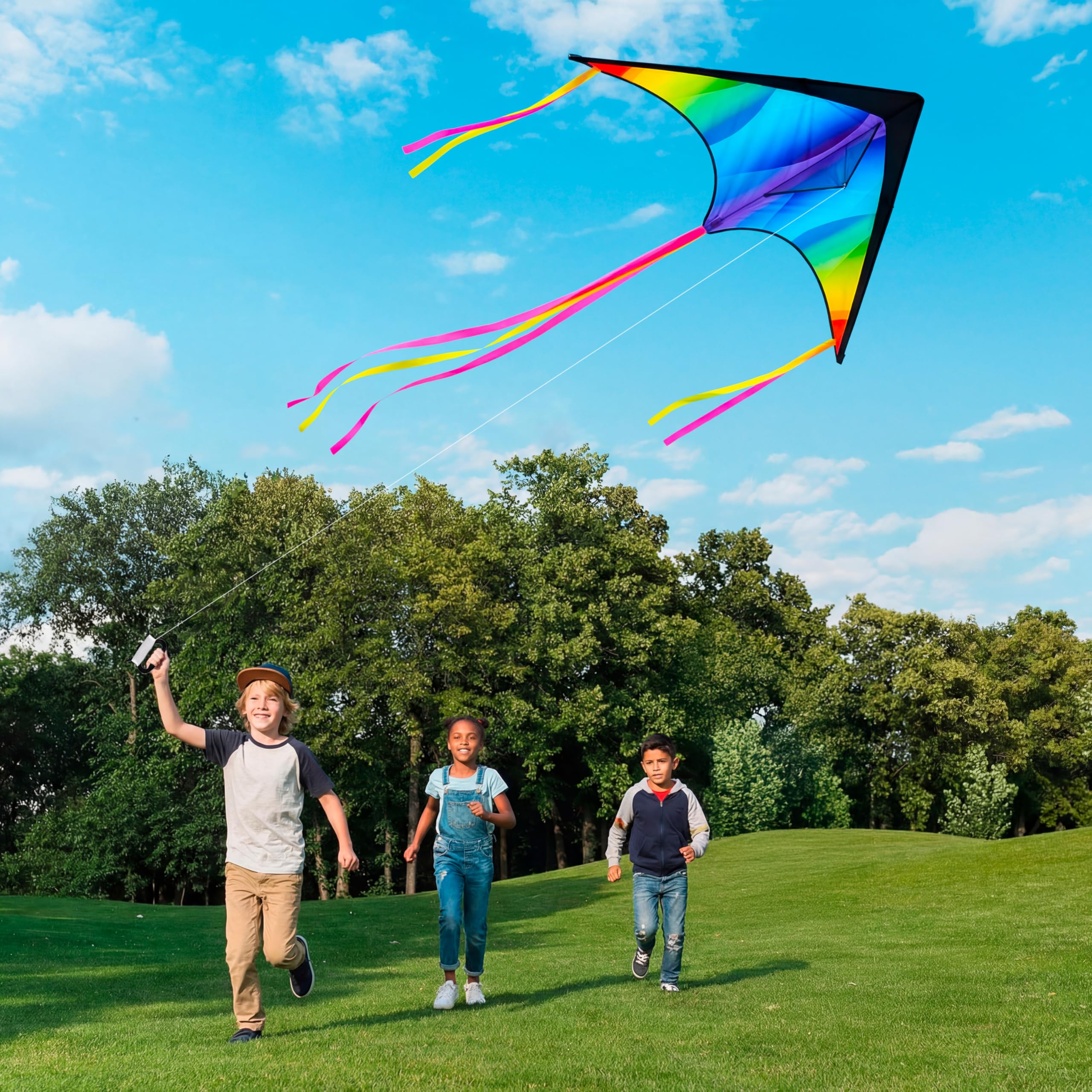 JOYIN - Cometa grande Delta arcoíris, de gradiente, fácil de volar, enorme, para niños y adultos, con cuerda de 328 pies, gran cometa de playa Delta para juegos y actividades al aire libre — view 7