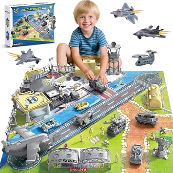 Military Base Building Playset, Army Toys with 11 Vehicles Airplane Helicopter Fighter Jet Army Men Action Figures and Play Map, Birthday Gift for 3 4 5 Year Old Boys Girls Kids
