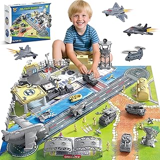 Military Base Building Playset, Army Toys with 11 Vehicles Airplane Helicopter Fighter Jet Army Men Action Figures and Play Map, Birthday Gift for 3 4 5 Year Old Boys Girls Kids