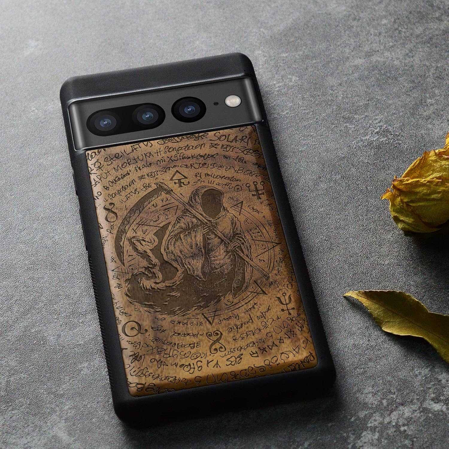 Carveit Wood Case for Pixel 7 Pro Case [Natural Wood & Black Soft TPU] Shockproof Protective Wooden Cover Compatible with Google Pixel 7 Pro (The Grim Reaper of Carved-Walnut)