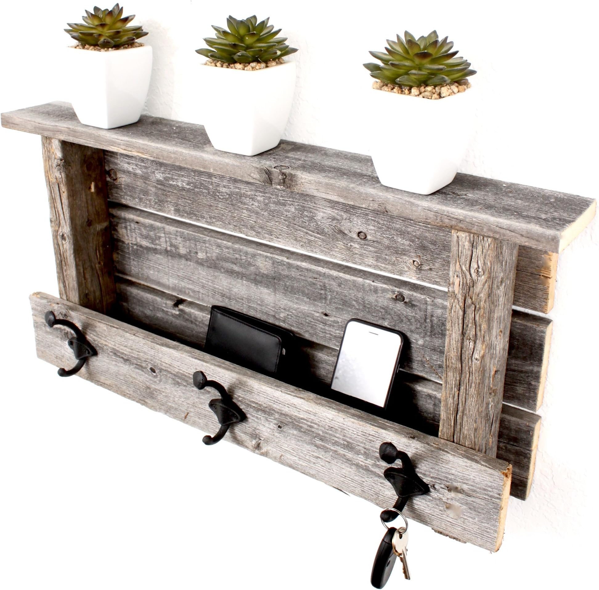 BARNWOODUSA Rustic Wood Farmhouse Shelf with Hooks (Weathered Gray)