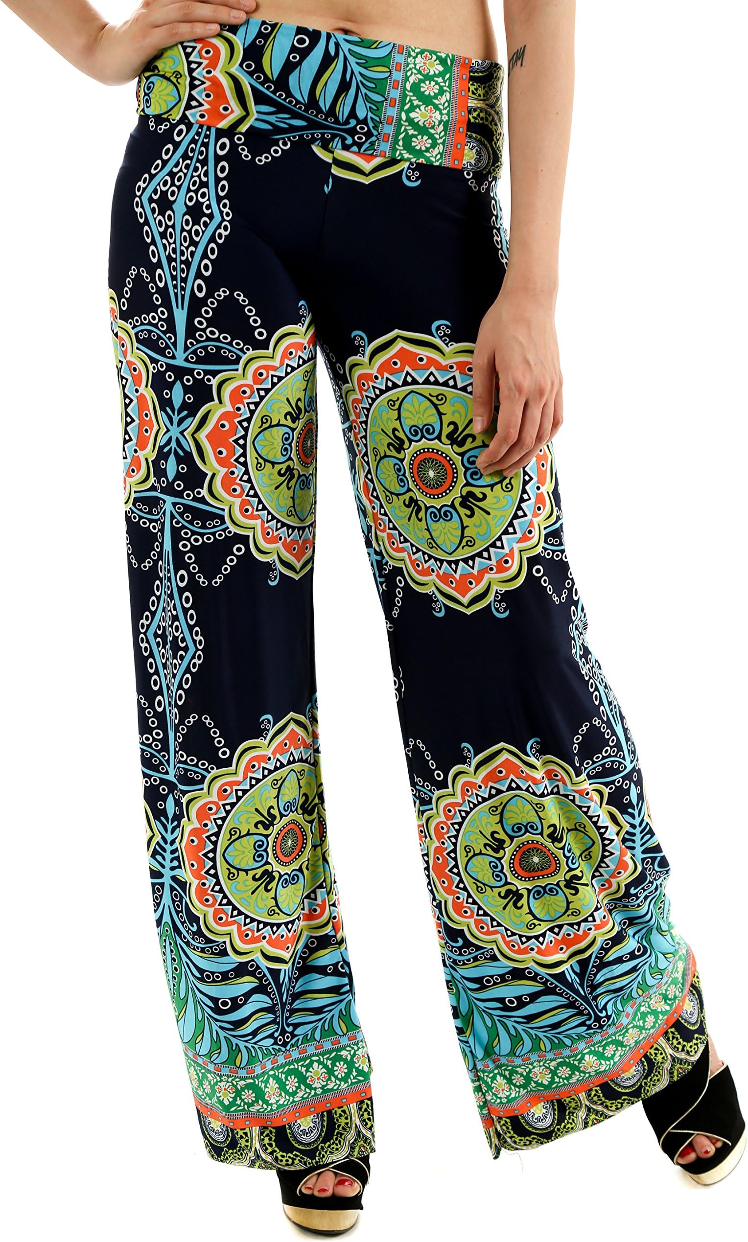 LA Palazzo Women's Fold-over Waist Wide Leg Printed Palazzo Pants, Good for tall, curvy women - MADE IN USA (M, Navy&Orange)
