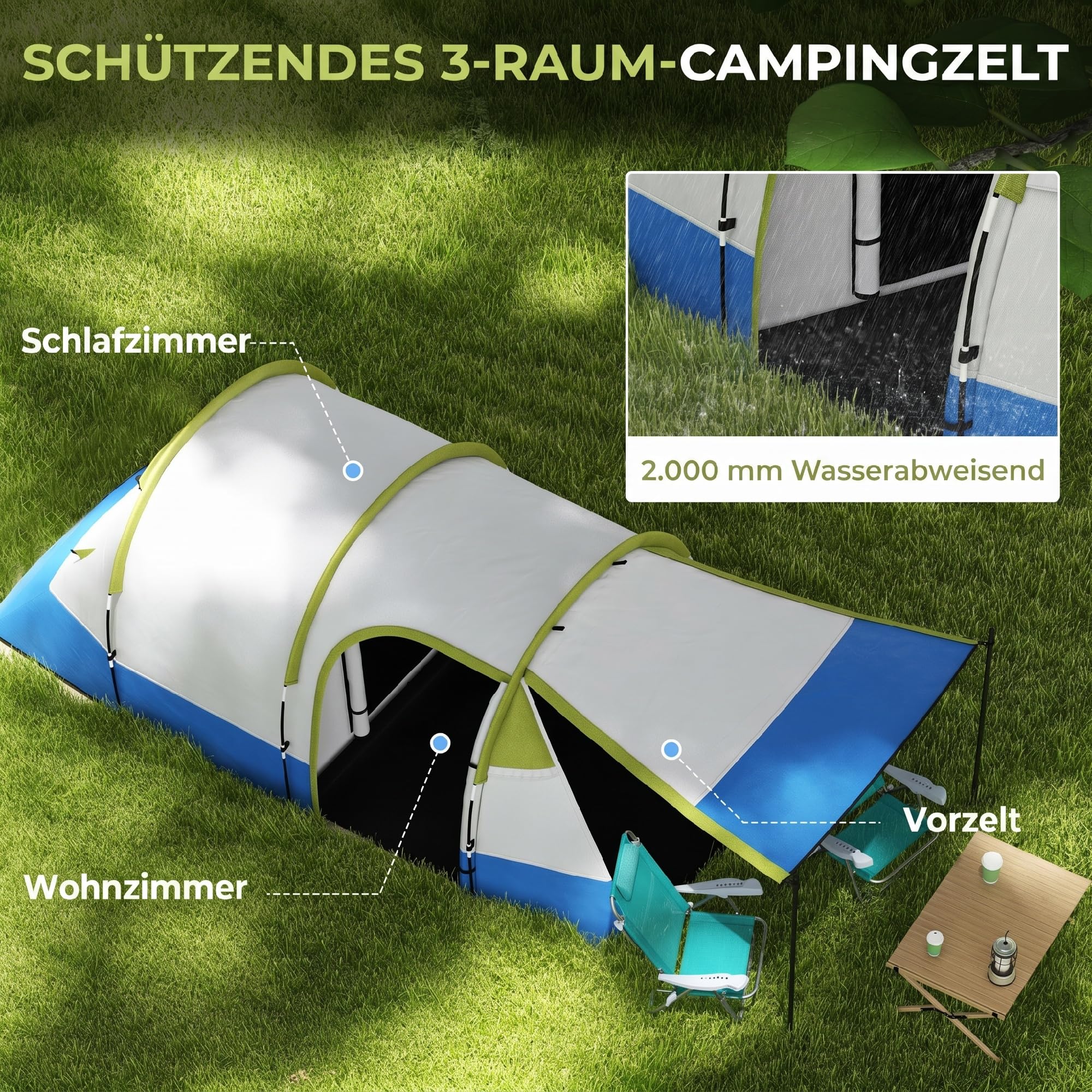 Outsunny Campingzelt, Tunnelzelt für 3 Personen, mit Lichthaken, Vorzelt, 2 Räumen, Familienzelt mit Tragetasche, 2000mm Wasserabweisend Pop Up Zelt für Camping, Garten