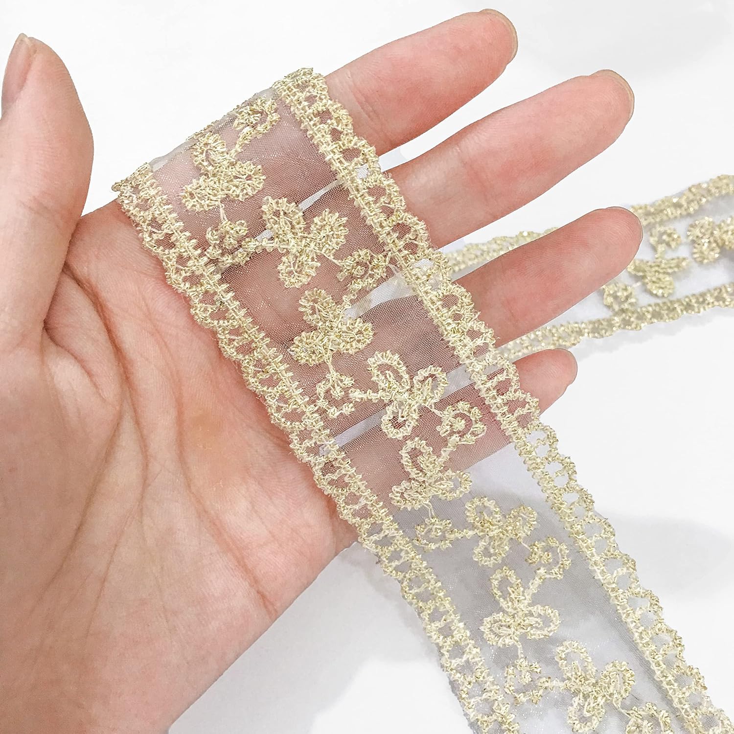 FQTANJU 10 Yards Lace Trim Ribbon, Sewing Lace with Gold Thread Embroidery Trim for Sewing Making DIY Craft Clothing, Gift Wrapping and Bridal Wedding Decorations (Gold)
