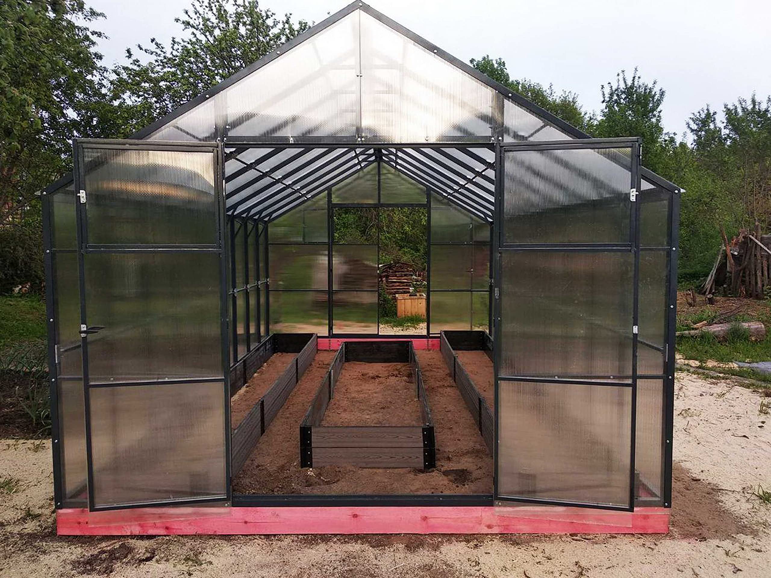 Duża szklarnia Tudor 3,5 m x 6 m – wysokiej jakości stalowa rama, szklarnia ogrodowa z poliwęglanu 4 mm – fundament i opcje automatycznego otwierania okien