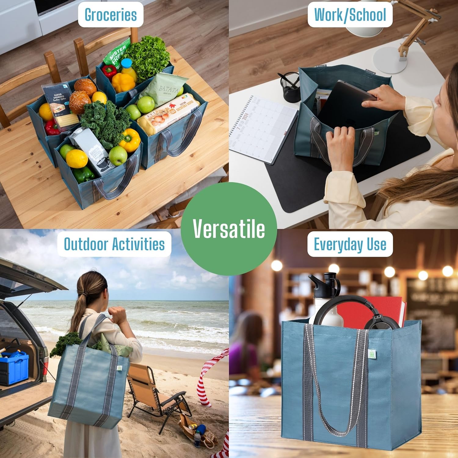 VENO 8 Pack Heavy-Duty Reusable Grocery Shopping Bags (4 Pack Clear Reusable Grocery Shopping Bag w/Front Pocket & Hard Bottom + 4 Pack Light Blue Reusable Grocery Shopping Bag w/Hard Bottom)