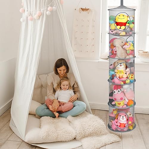 Miniatura 42 de Organizador de bolsas de malla colgante para ahorrar espacio, organizador plegable de almacenamiento de animales de peluche, 5 compartimentos,