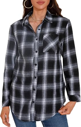 GUANYY Womens Plaid Shirts Long Sleeve Button Down Soft Flannel Shirt | Lightweight plaid fabric, long sleeve button down shirt, v neck collar, vintage western style, country cowgirl casual wear