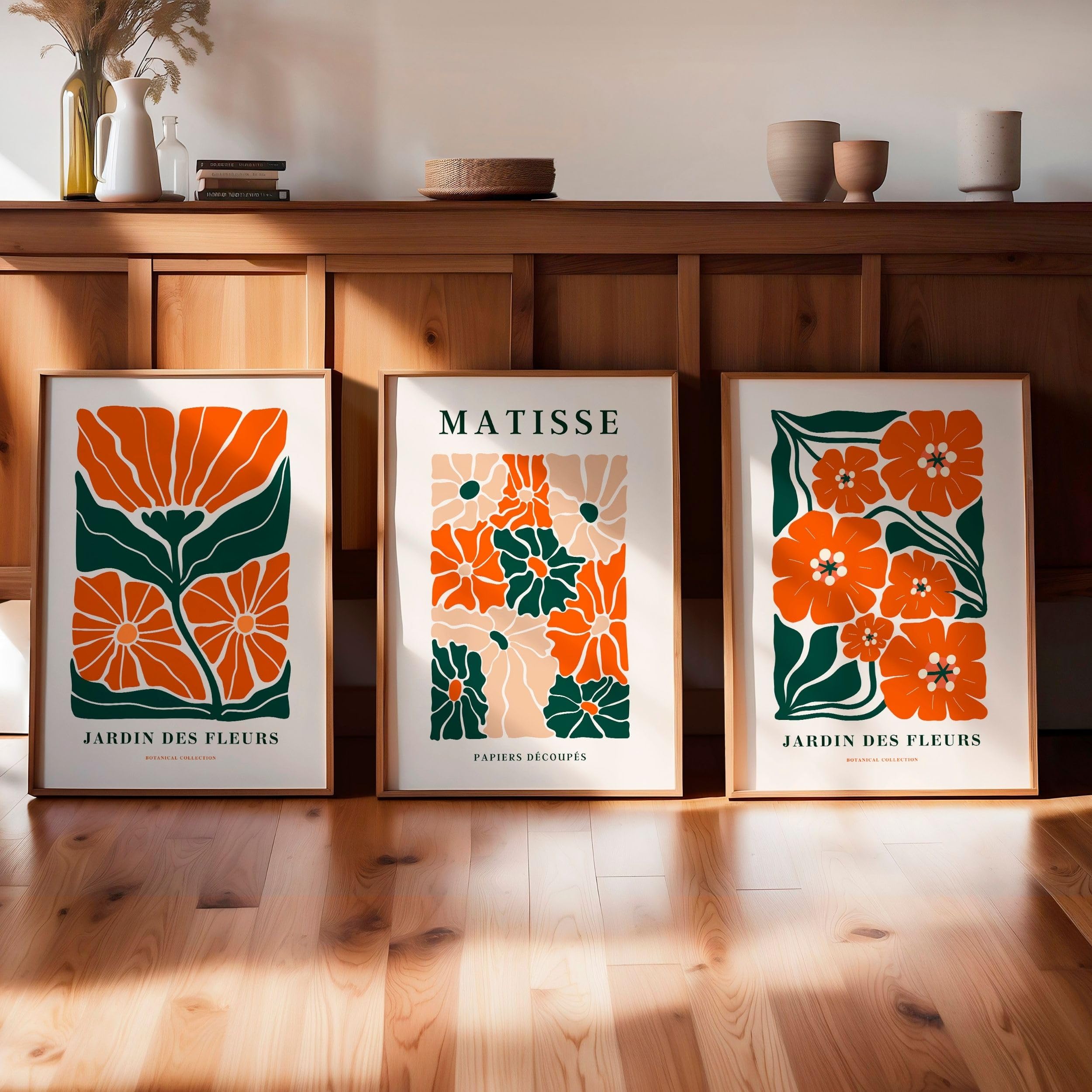 Matisse - Juego de 3 pósteres florales para pared, color naranja y verde