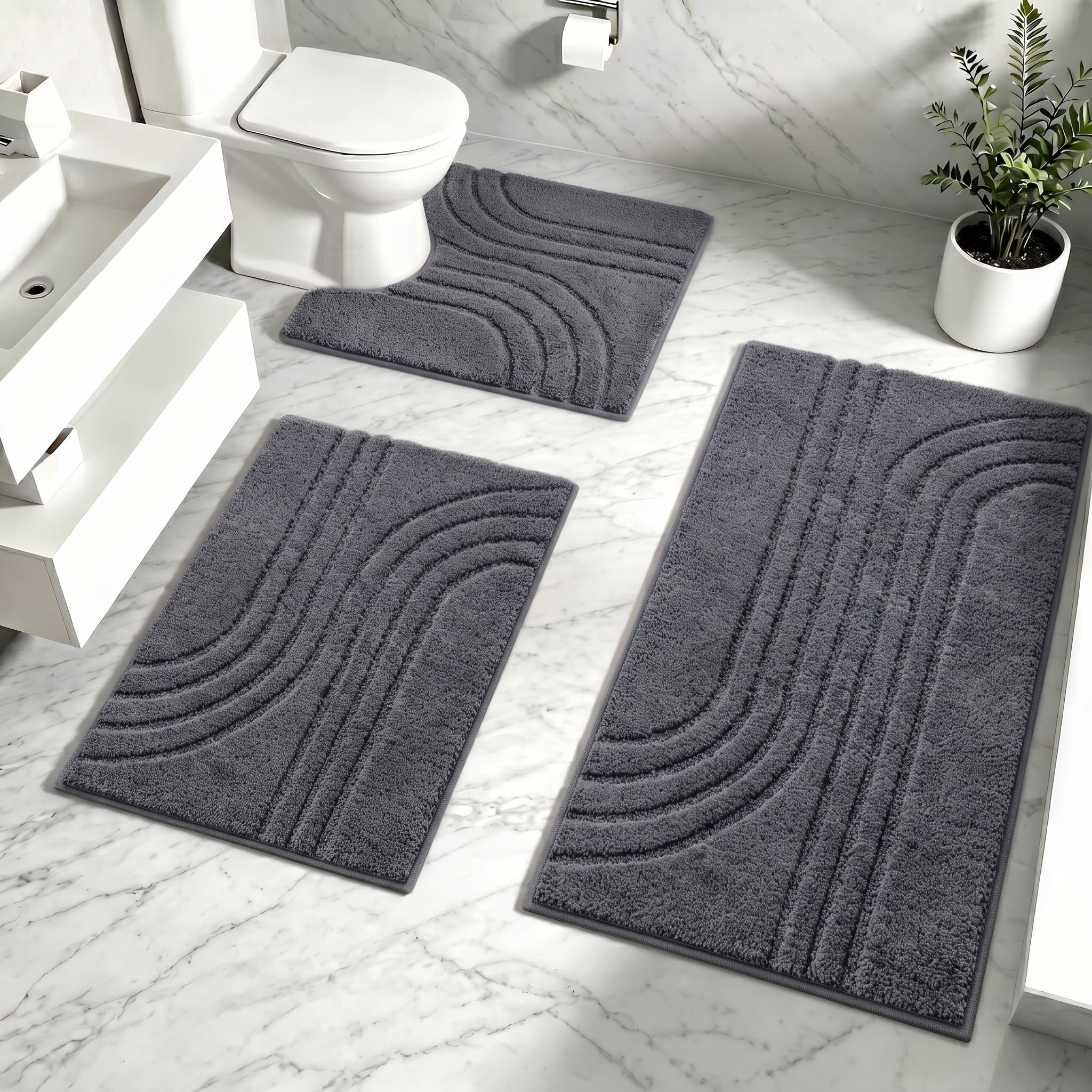 Edlbaegy Bath Mat Sets 3 piece Water Absorbent Bathroom Mat Sets Dark Grey