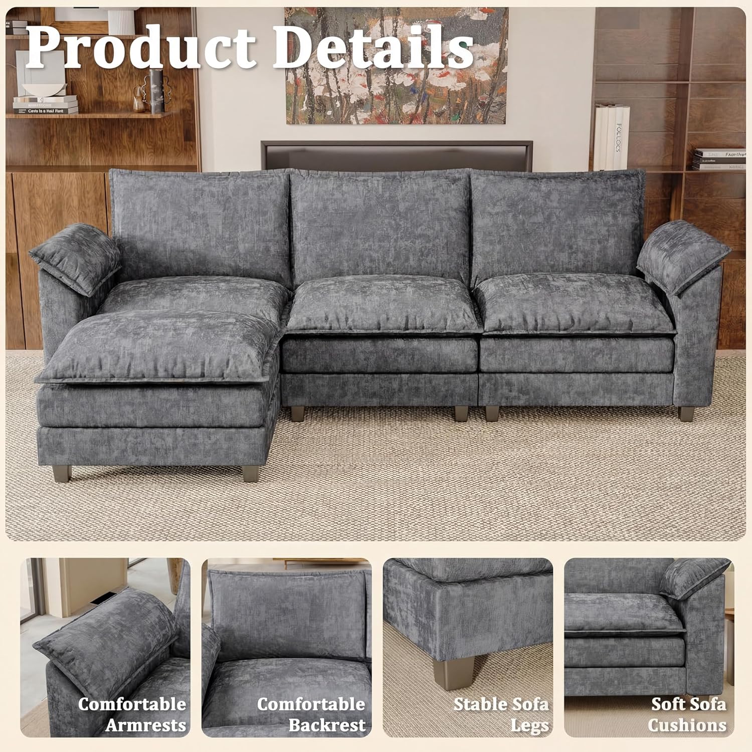 118.9" Modular Sectional Cloud Couch 3-Seat Sofa Set with Movable Ottoman, L Shaped Sofa Couch with Deep Seat, Chenille Couches for Living Room (Light Grey-4, L Shaped Sofa)