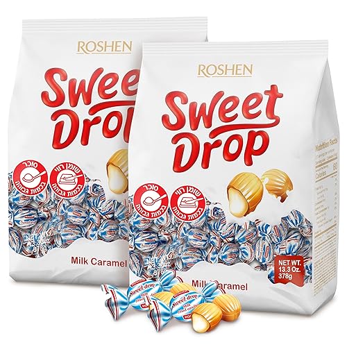 Roshen Caramelo Dulce Gota con Relleno Lechoso, Deliciosos Dulces Sabrosos 378gr13.33oz Paquete de 2