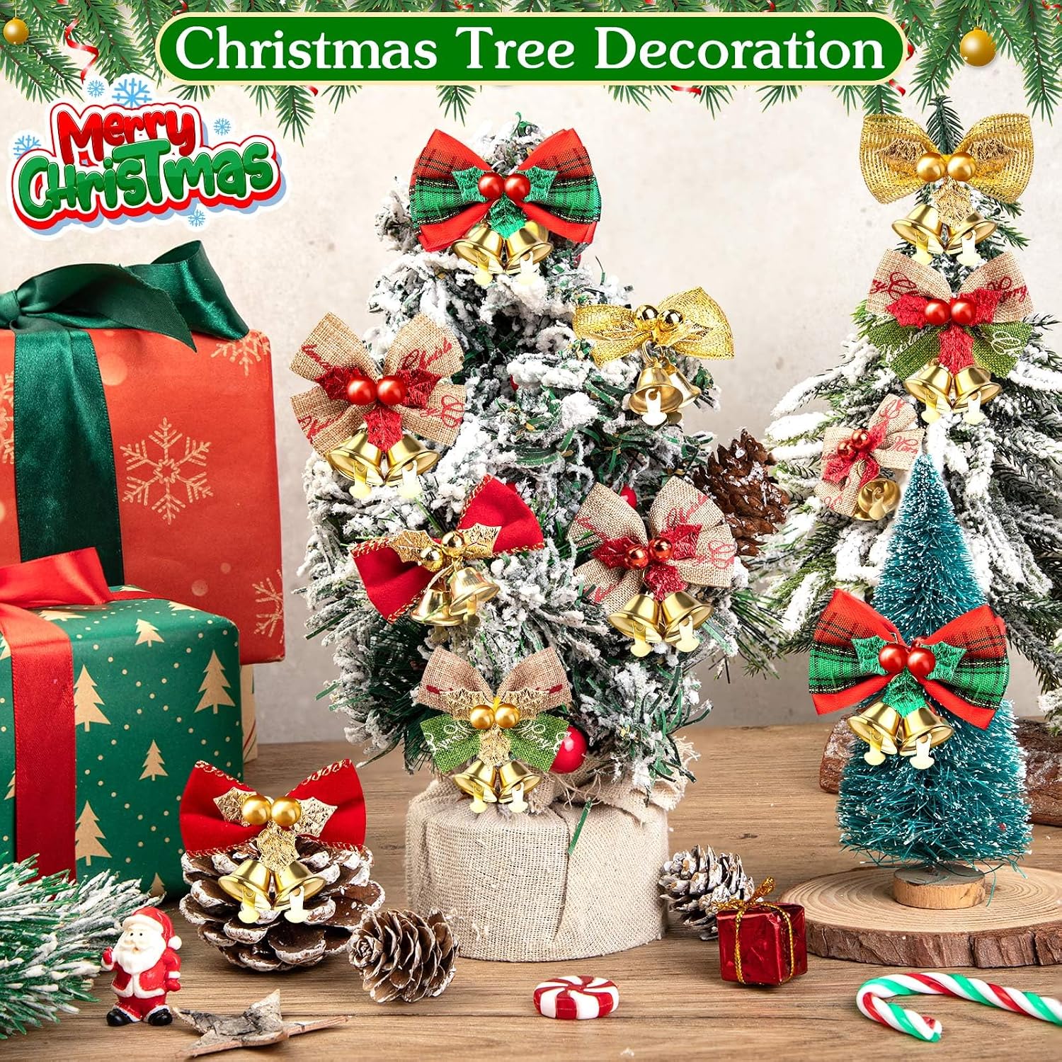 36 Pcs Christmas Bows with Bells, Mini Bows for Craft 2 Inch Mini Bowknot Ornament for Christmas Tree Decor Ribbon Wreath Clothing Accessories DIY Crafts