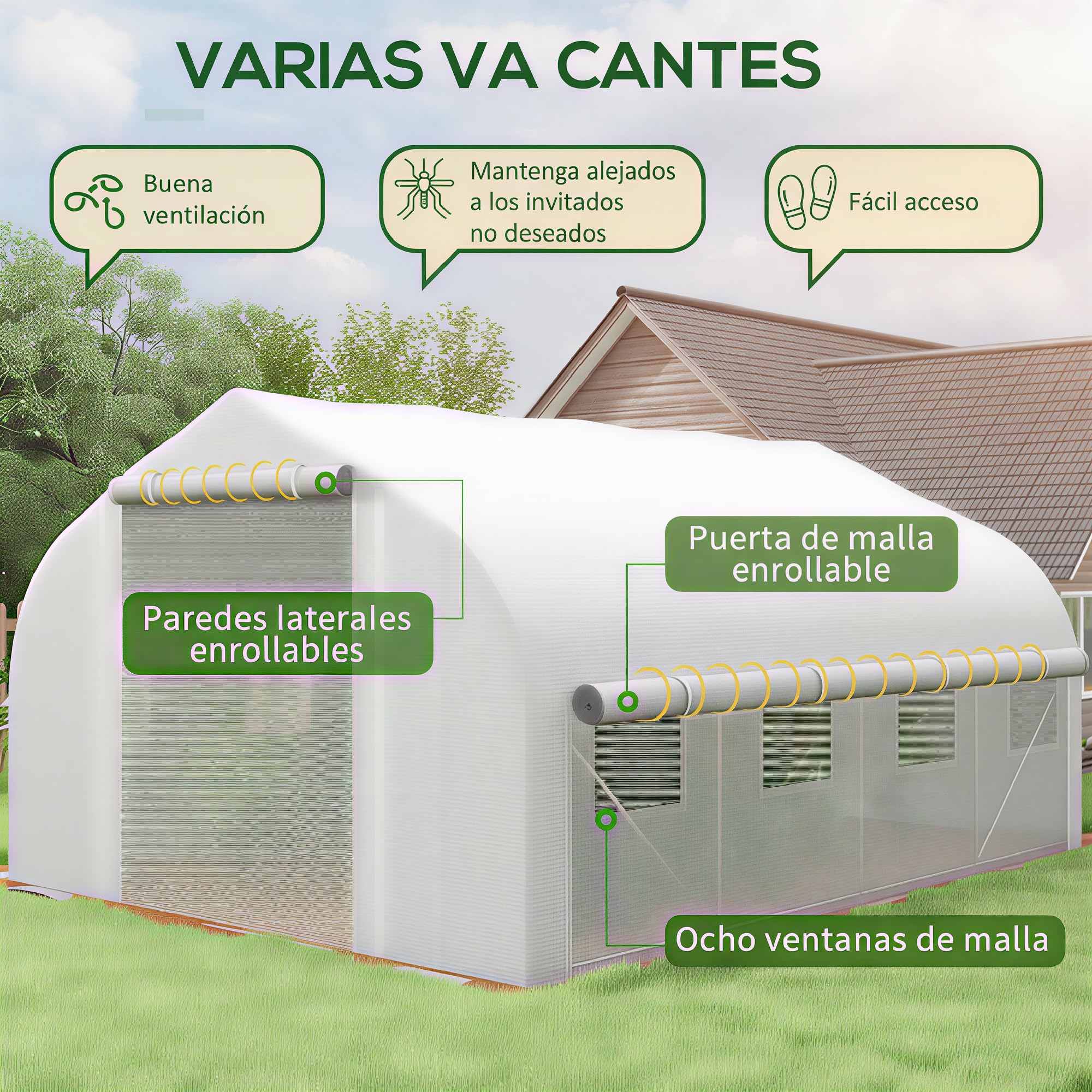 Outsunny Invernadero de Túnel 4x3x2 m con Techo Puntiagudo y Persianas Enrollables Invernadero de Jardín con 8 Ventanas y Puerta de Malla para Cultivos Plantas Verduras Invernadero de Huerto Blanco