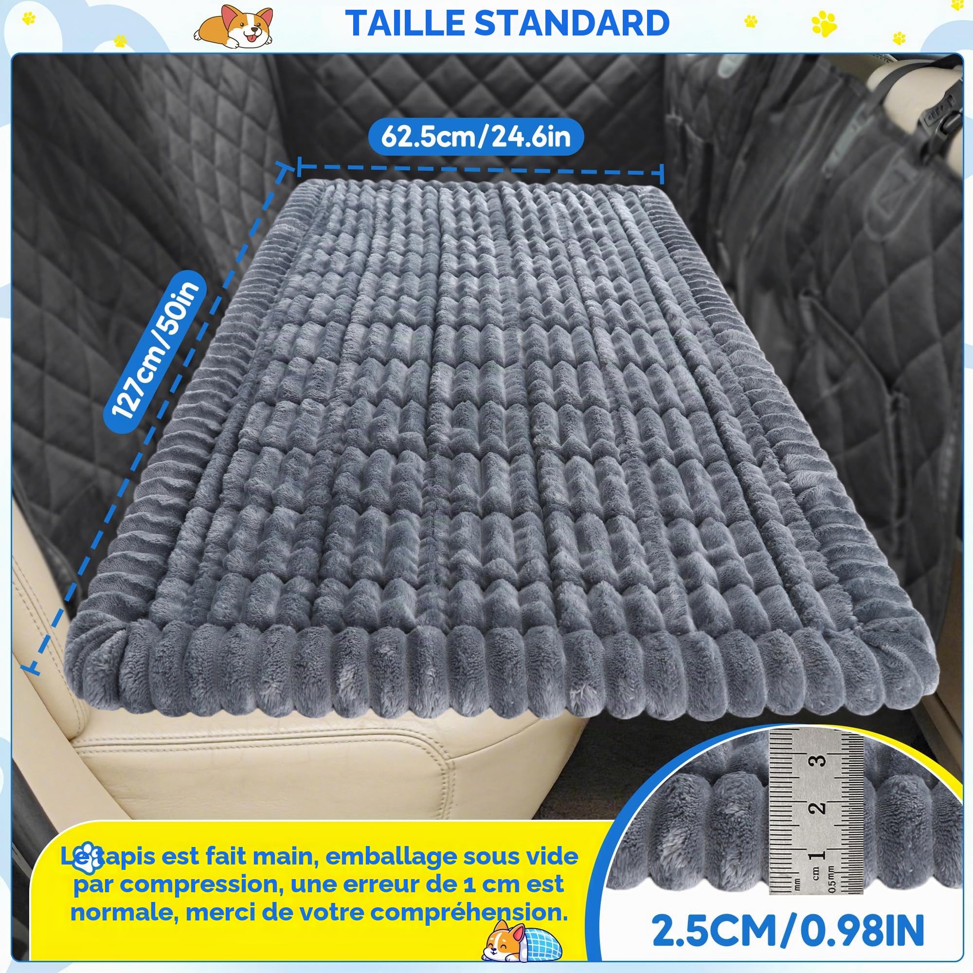Loiion Tapis Auto Chien Anti-Dérapant Flanelle 127x62x3cm Gris