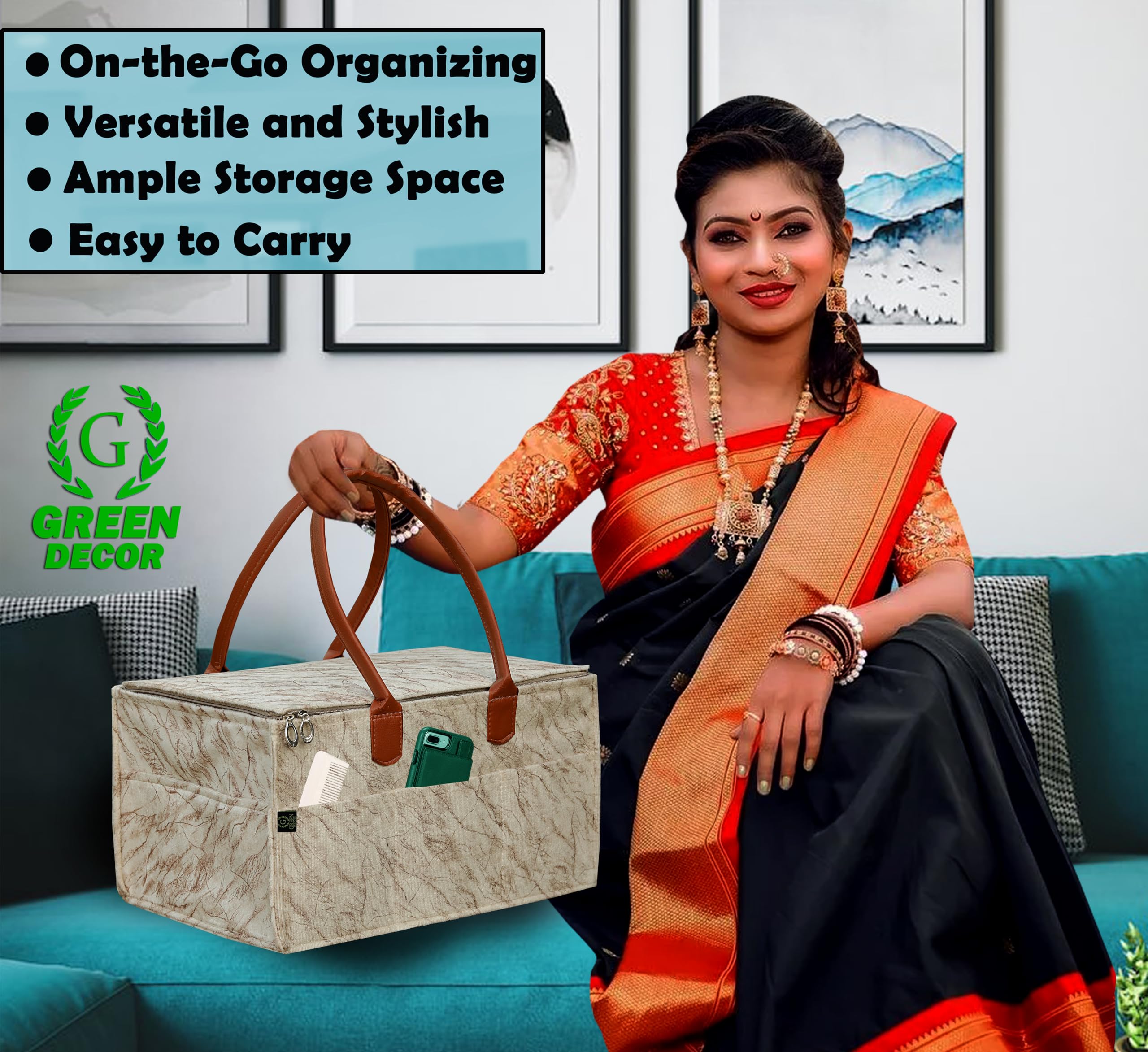GREEN DECOR - Non Woven Fabric Cute Diaper Caddy Bag with Handles & Zip Lock for Smart Mothers Baby Diaper Caddy Wipes Felt Storage Organizers,Foldable and Portable(Marble Cream- 18X12X9 Inch) 4
