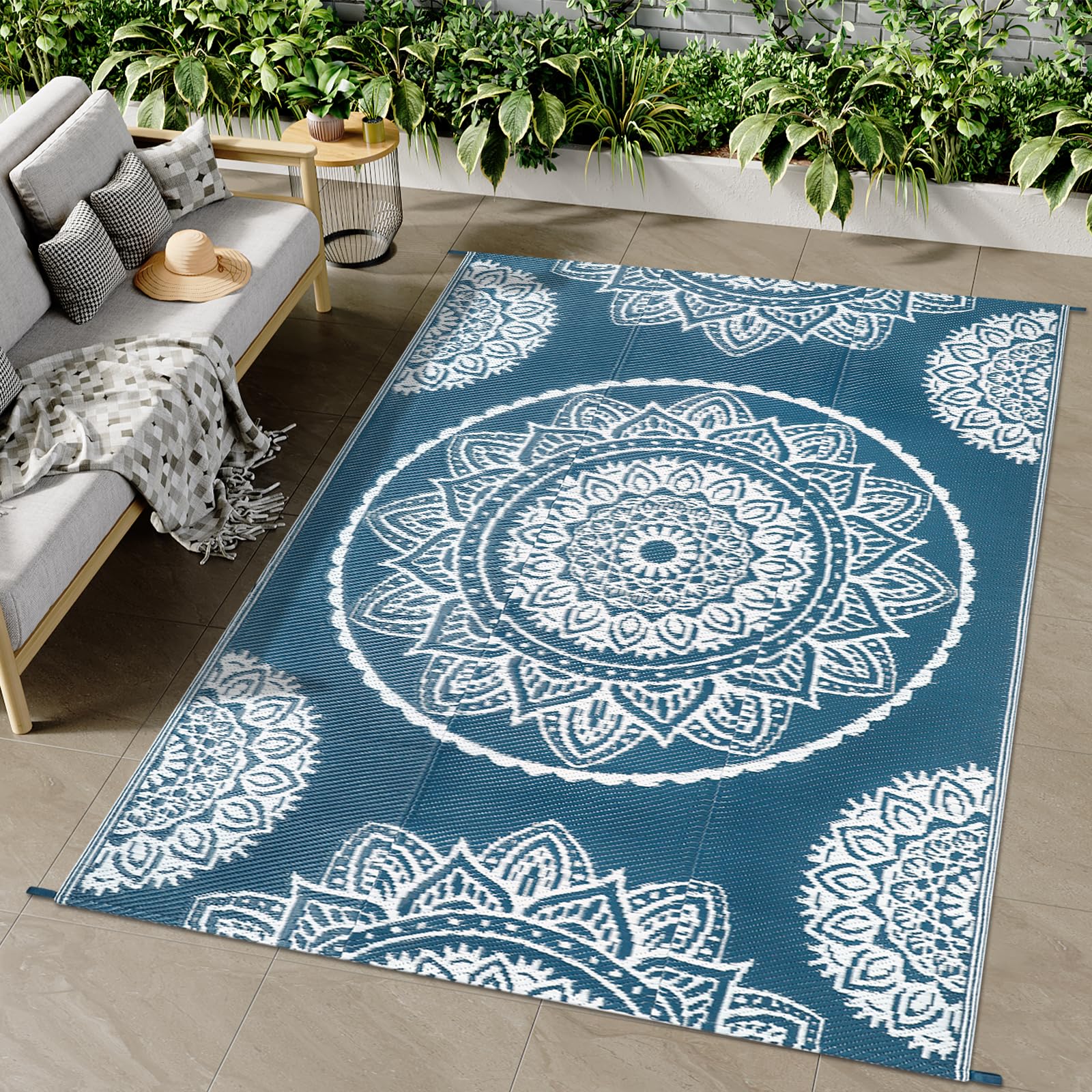 Famibay Outdoor Rugs for Patio Waterproof Garden Rug 150 x 245 cm Reversible Outdoor Rug Plastic Straw Mats Garden Carpet UV Resistant Portable Indoor Area Rug for RV Balcony Picnic Blue