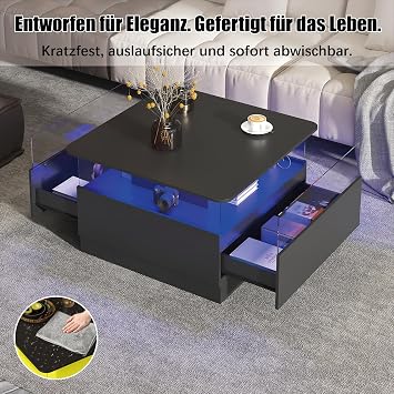 HedoAjim Square Coffee Tables with Storages, Modern Black Center Table
