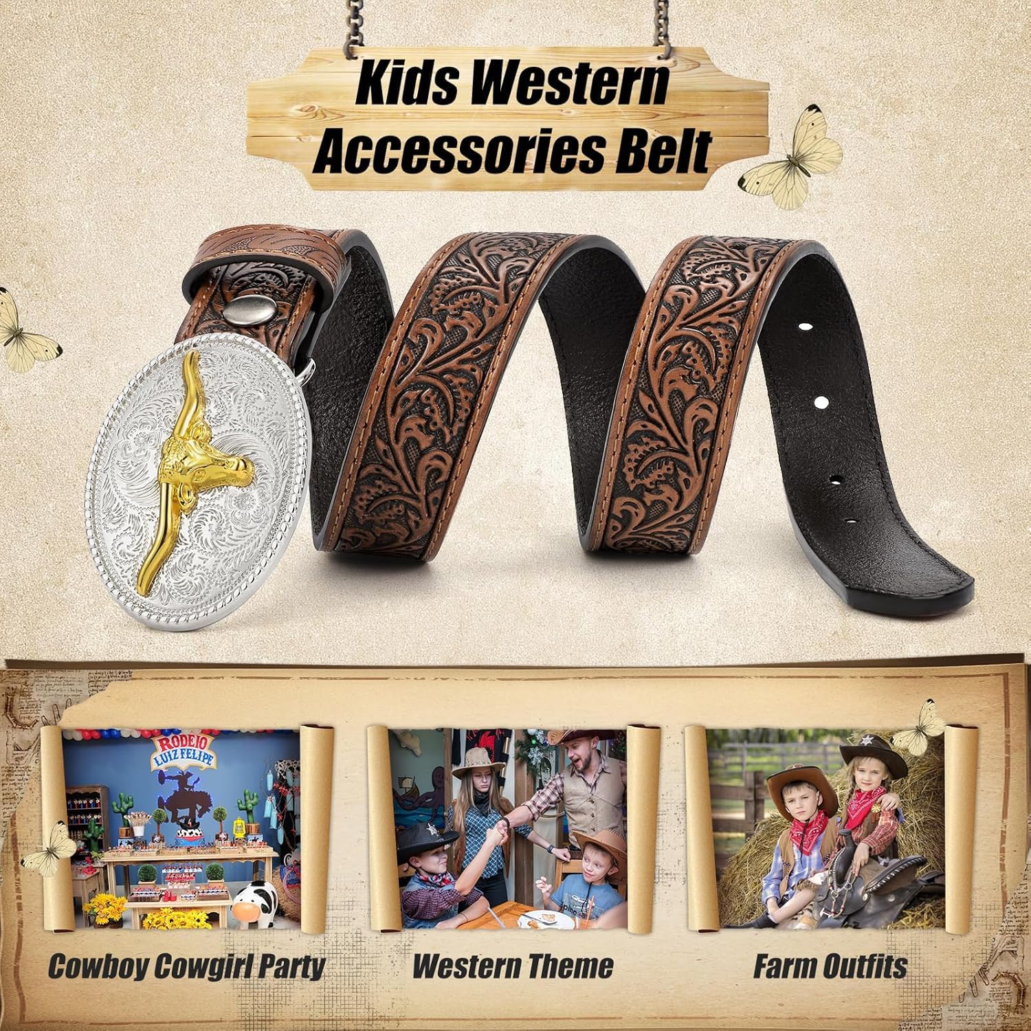 Kids Western Belt for Boys Girls, Embossed Genuine Leather Cowboy Cowgirl Belt for Jeans Pant Dresses Gift - Image 5
