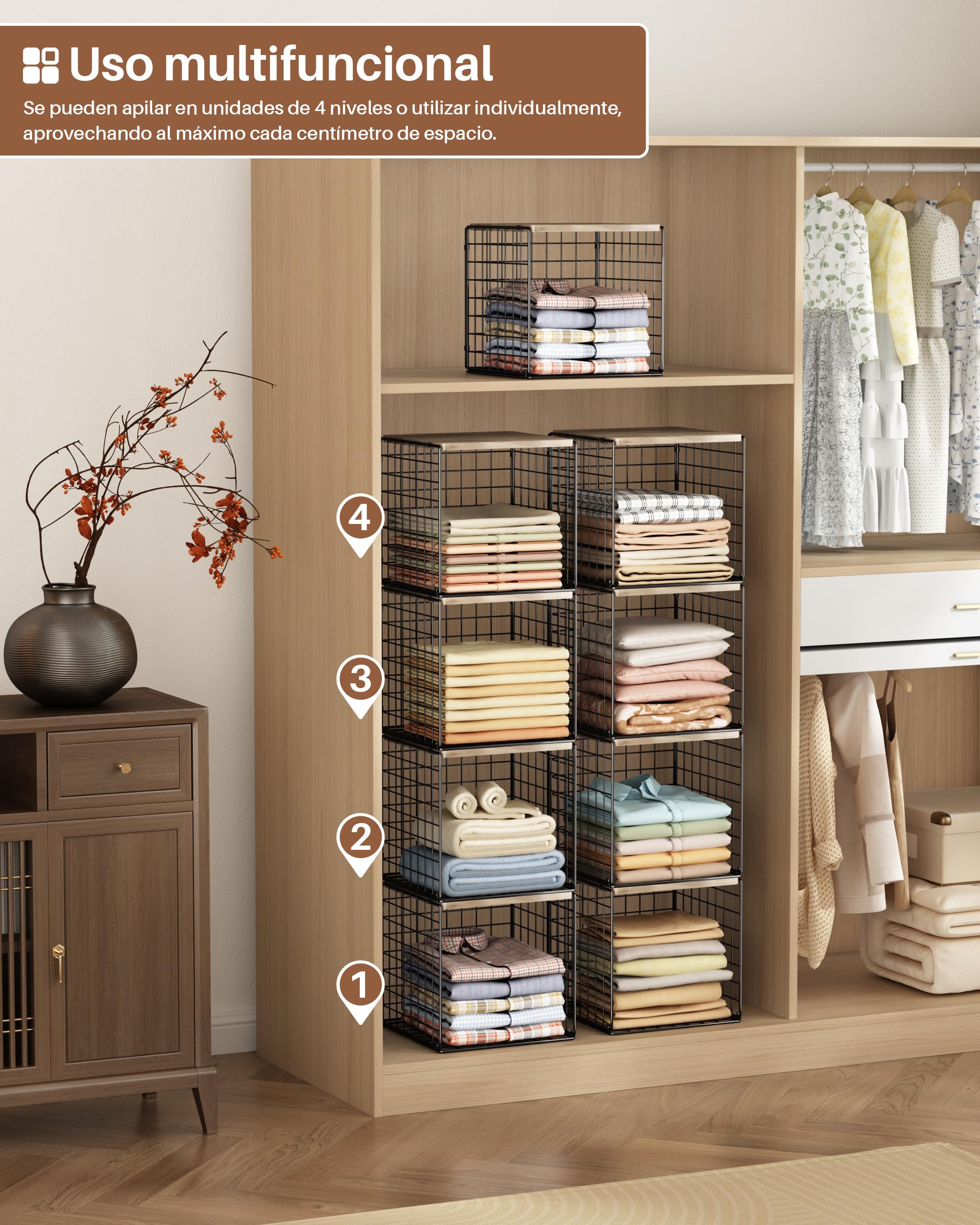 UMDONX Organizador Armario de 4 Piezas | con Apilable Separadores Armario Metal-Estanteria Cubos Negro-30.5x30.5x31CM
